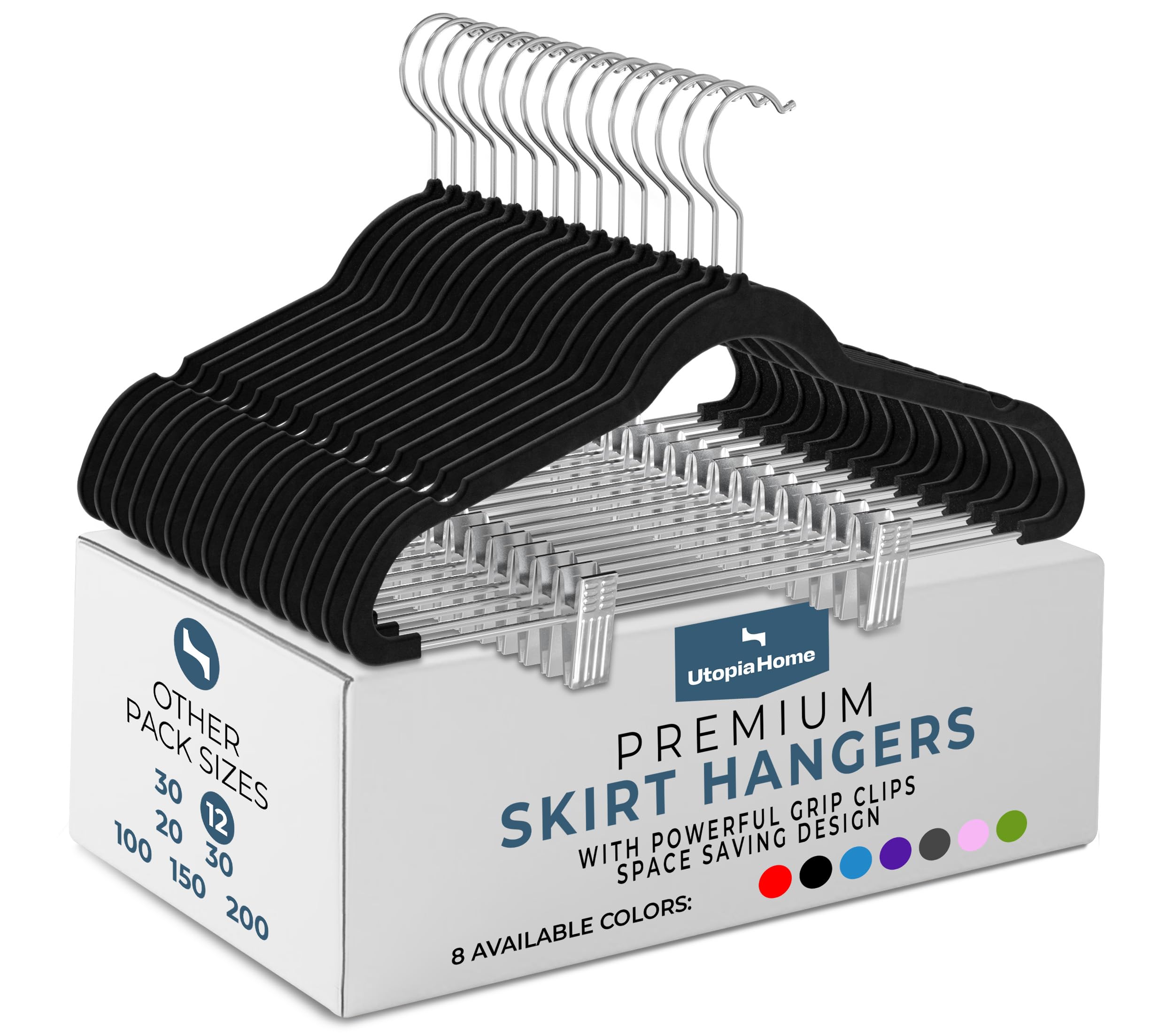 Utopia Home Premium Velvet Skirt & Trouser Hangers - Heavy Duty Non-Slip Velvet Suit Hangers with Clips For Pants, Trousers or Skirt - Pack of 12, Black