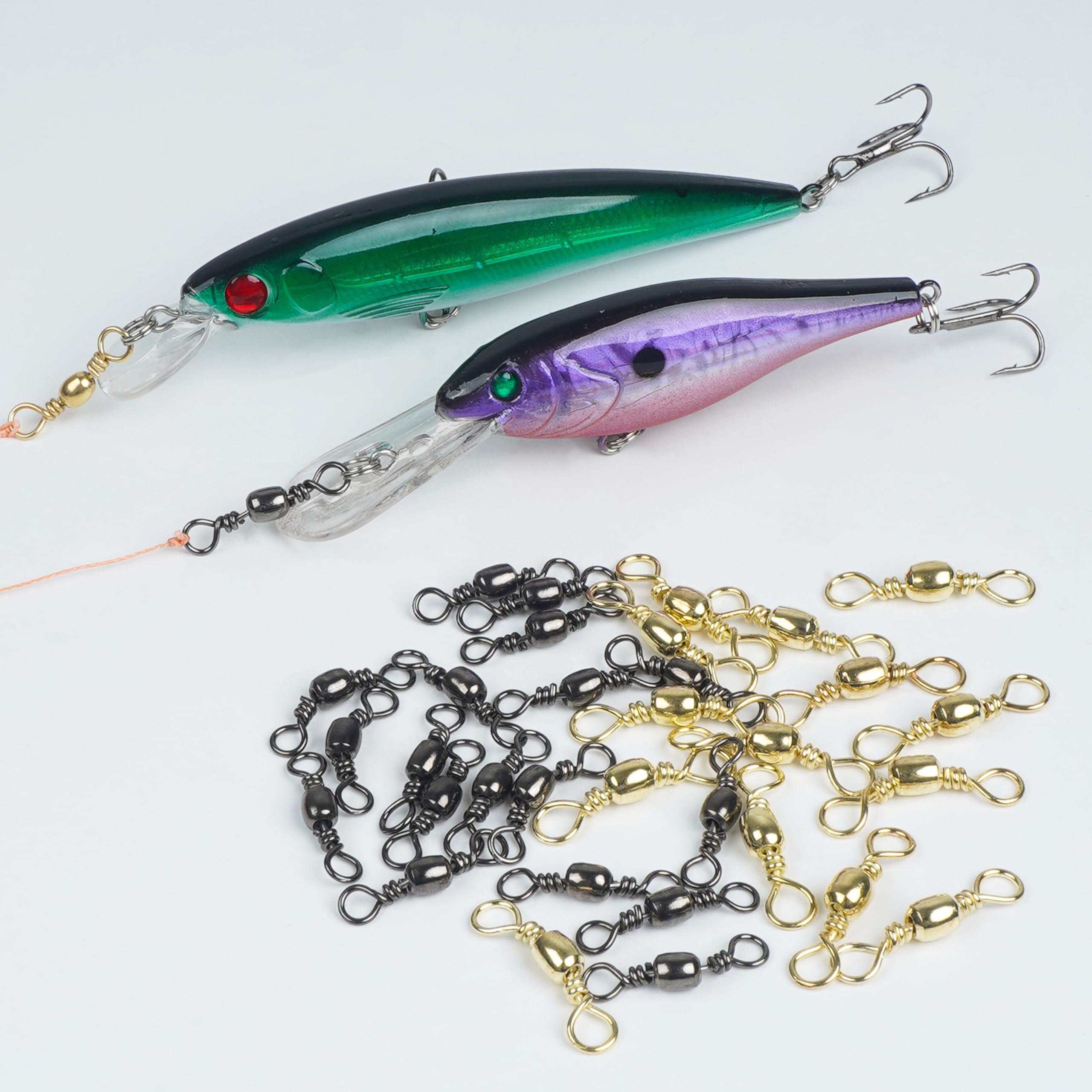 AGOOL - Cañón giratorio de pesca (200 piezas/caja de cobre con anillo sólido de pesca, accesorios de gancho de pesca a línea conector negro y dorado, tamaño 2 4 6 8 10