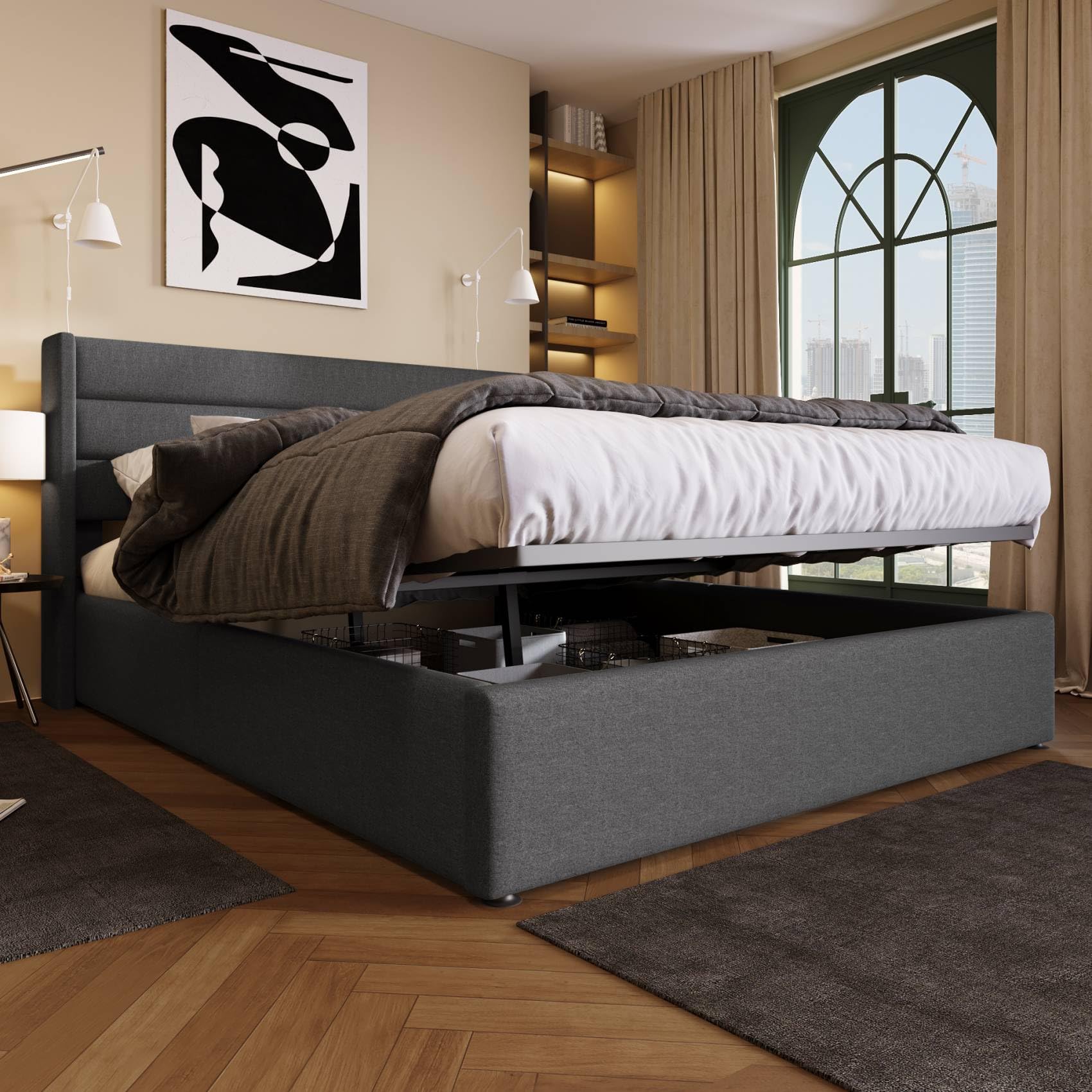 Letto Matrimoniale Imbottito KOMHTOM Con Contenitore Idraulico | 180x200 Cm, Grigio, Senza Materasso, Testiera Inclusa