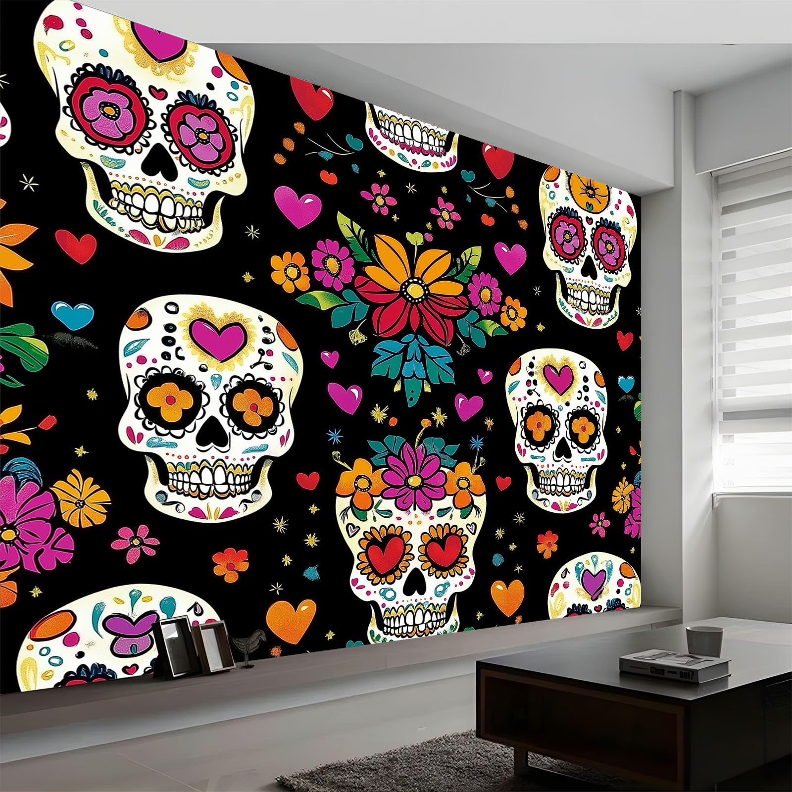Fototapeta z włókniny, 450 x 280 cm, fototapeta retro, trupia czaszka, kwiaty, tapeta do salonu, nowoczesna tapeta z włókniny, XXL, tapeta ścienna, tapeta z motywem, efekt 3D, dekoracja ścienna
