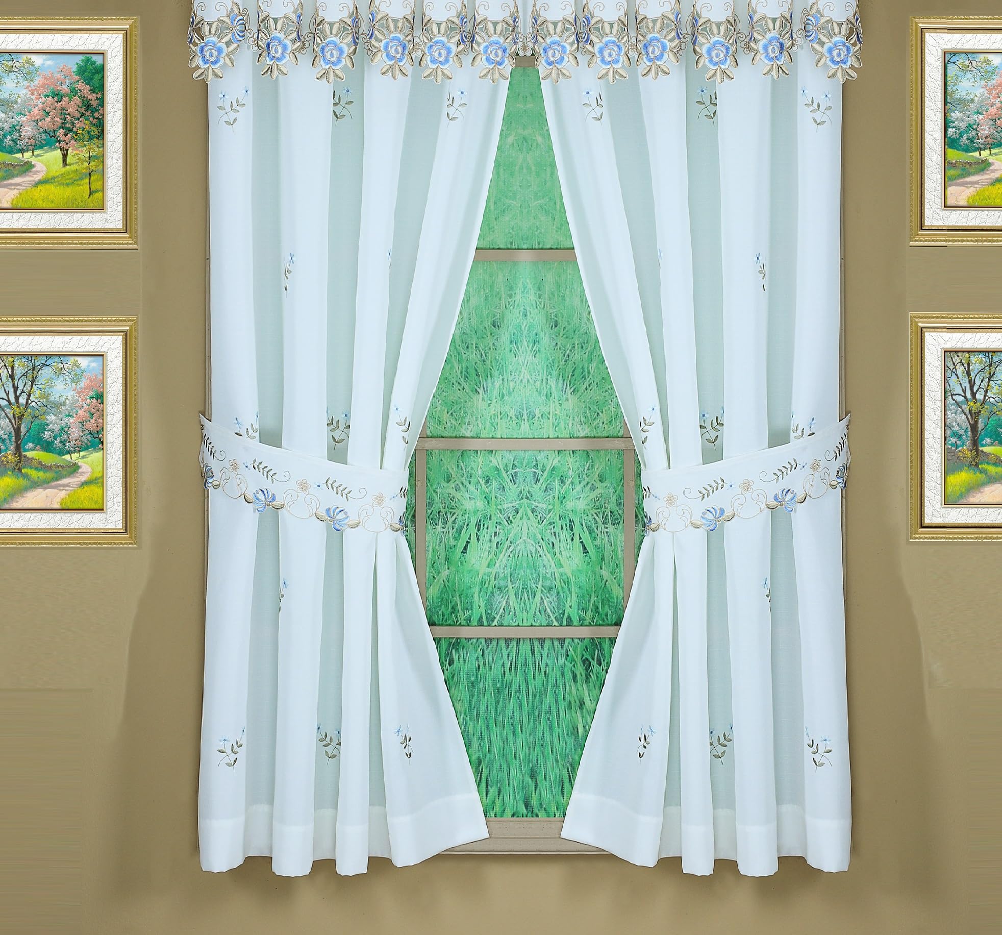 Today's Curtain White/Blue Verona Reverse Embroidery Window Panel Pair And Tiebacks, 72-Inch,