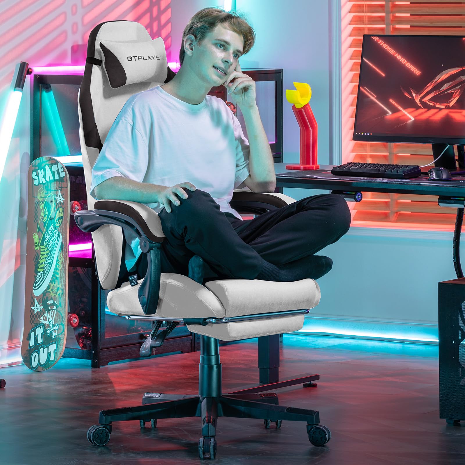 GTPLAYER Sedia da gaming, ergonomica, in Tessuto tecnico, con supporto lombare, sedia PC con schienale allargato, portata fino a 150 kg, marrone