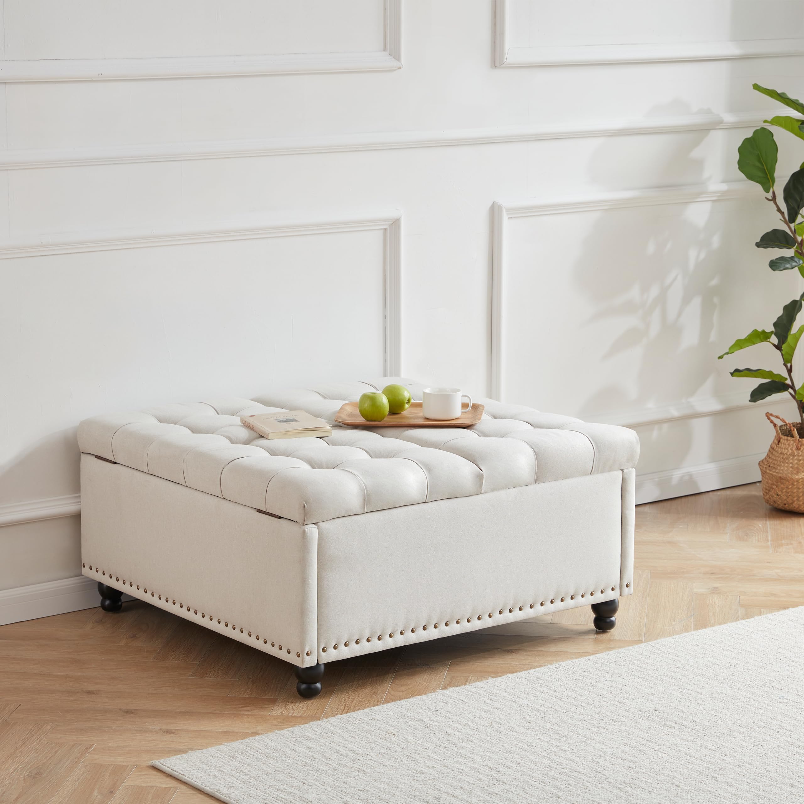 Kingfun 35.5" Large Square Ottoman Bench, Tufted Upholstered Coffee Table Ottoman with Storage, Oversized Ottomans Toy Box for Living Room Bedroom, Beige