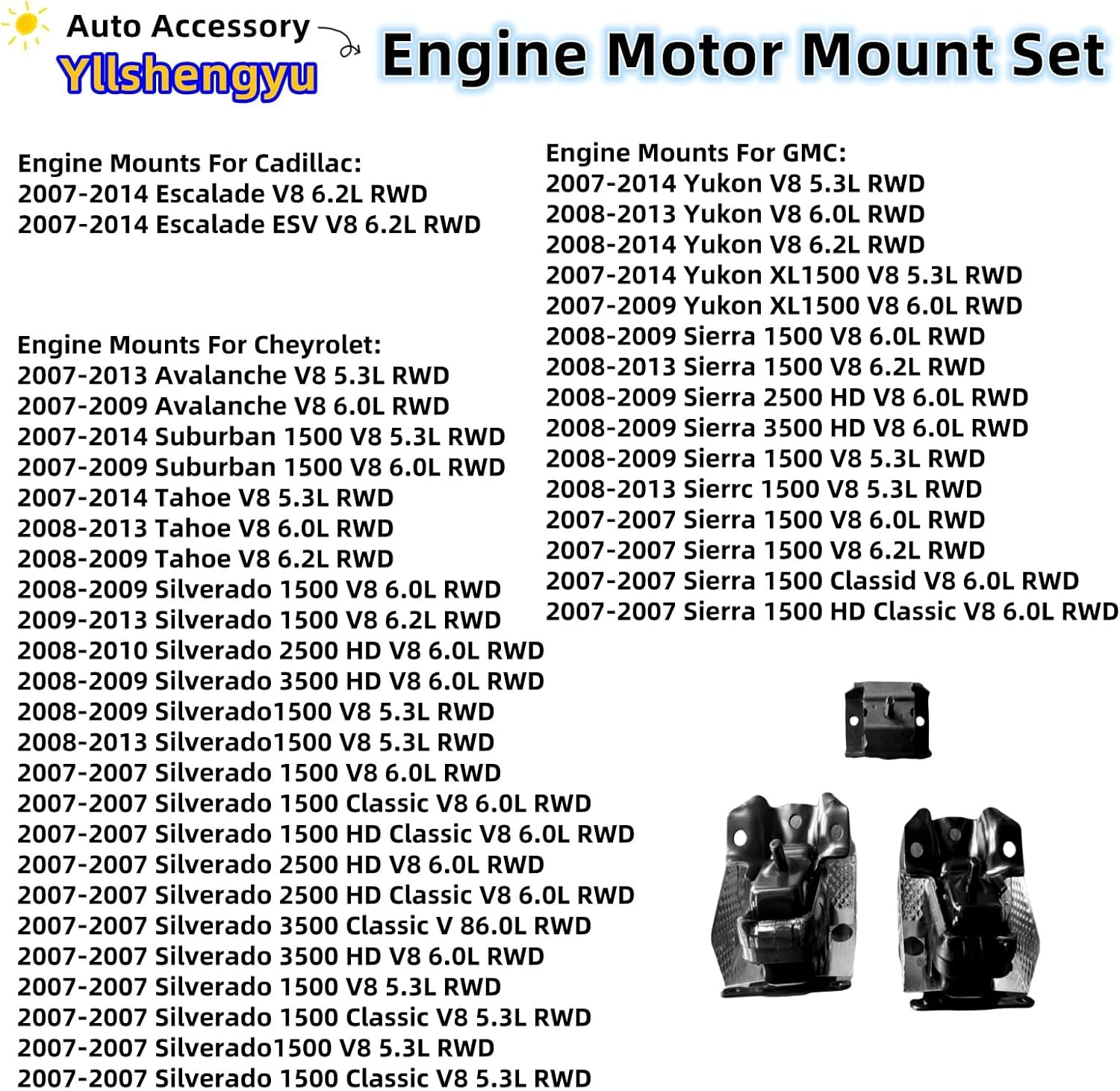 3Pcs Engine Motor Mount Kit - for Trucks & SUVs (Silverado/Sierra 1500/2500/3500, Tahoe, Suburban, Avalanche, Yukon, Escalade ESV), Replaces A5365 A2811