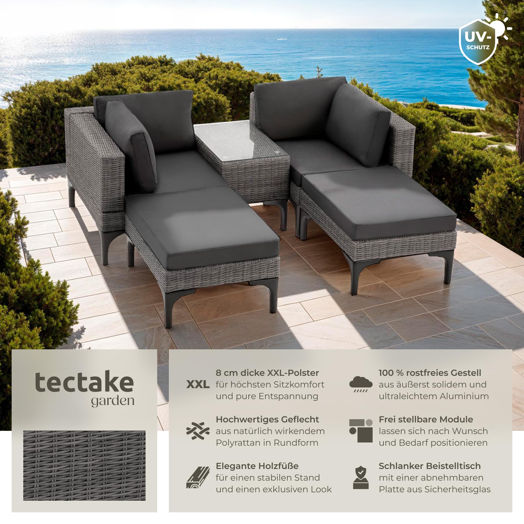 tectake® Outdoor Rattan Lounge, 5-teiliges Gartenmöbel Sofa Set mit Aluminium Gestell, frei kombinierbar, mit Ecksessel, Hocker, Tisch, Gartenlounge, inkl Sitz- und Rückenkissen - grau