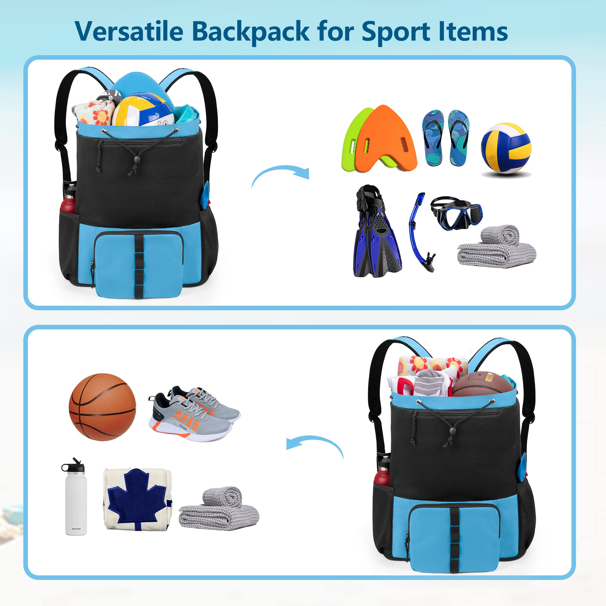 Fasrom Mesh Strandrucksack mit Reißverschluss unten, Sport Gym Rucksack zum Schwimmen, Strand und Pool(Patent Angemeldet)