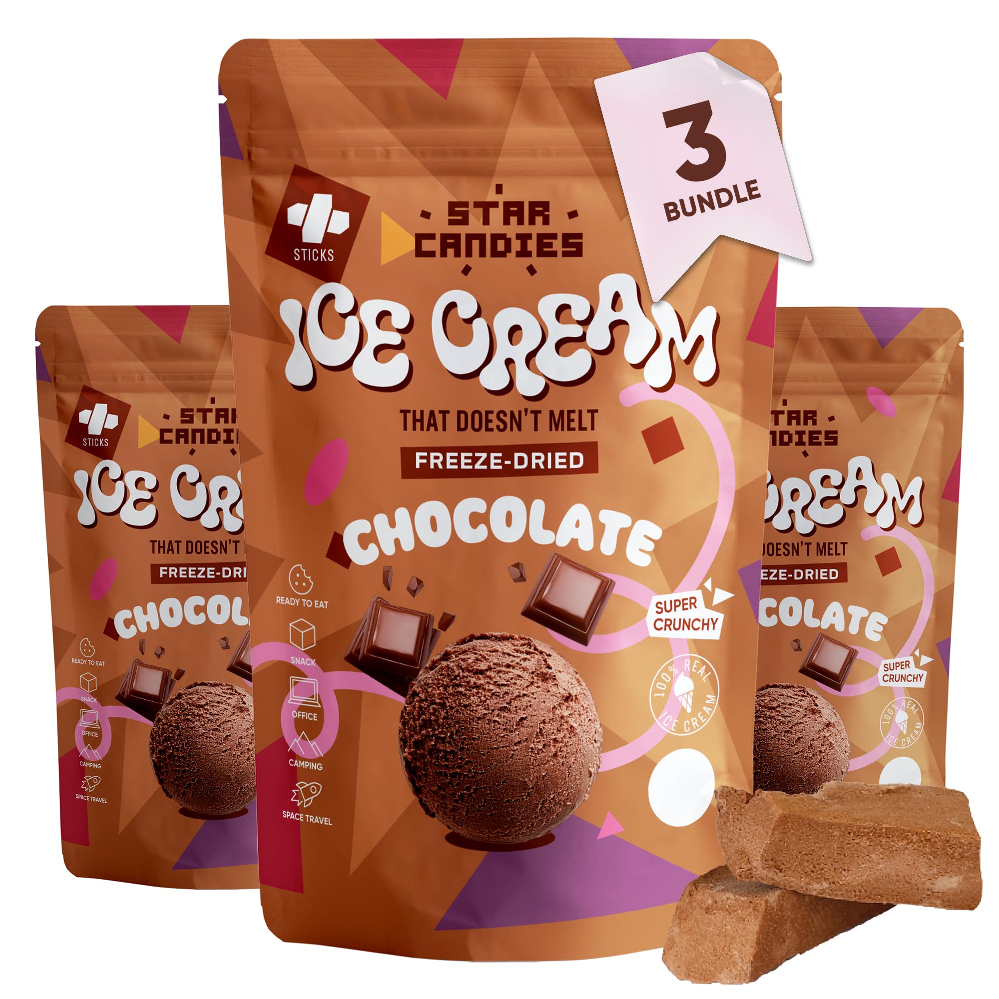 Star Candies Gefriergetrocknetes Schokoladeneis | Gefriergetrocknete Süßigkeiten | Freeze Dried Candy | Weltraum- und Astronauten-Snack | Geburtstags- oder Party (150 g, 3er Pack)