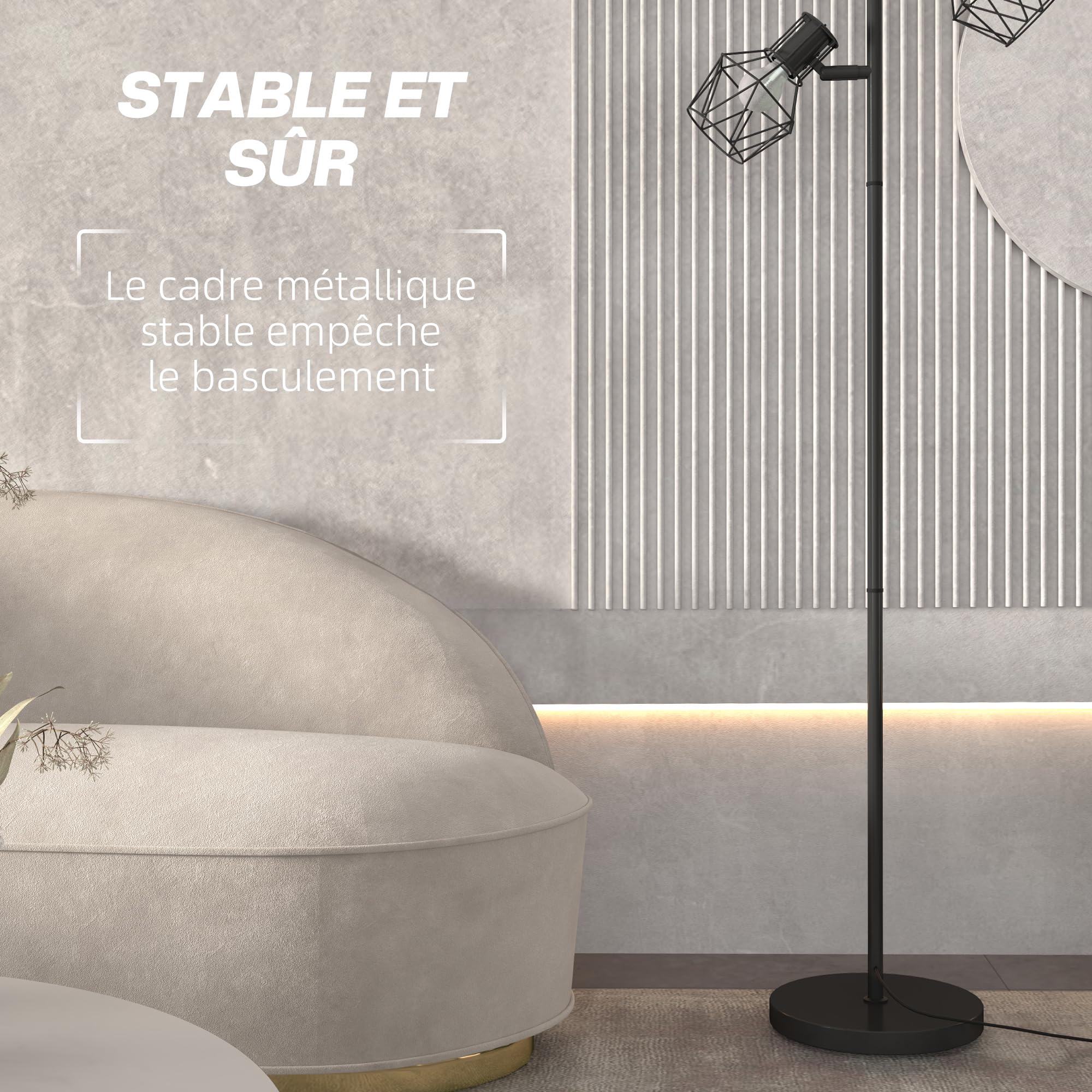 HOMCOM Lampadaire sur Pied Salon 3 Lumières E27 pour Salon Chambre Noir | Lampe sur Pied, Interrupteurs Individuels, Ampoules Non Incluses, Chambre à Coucher