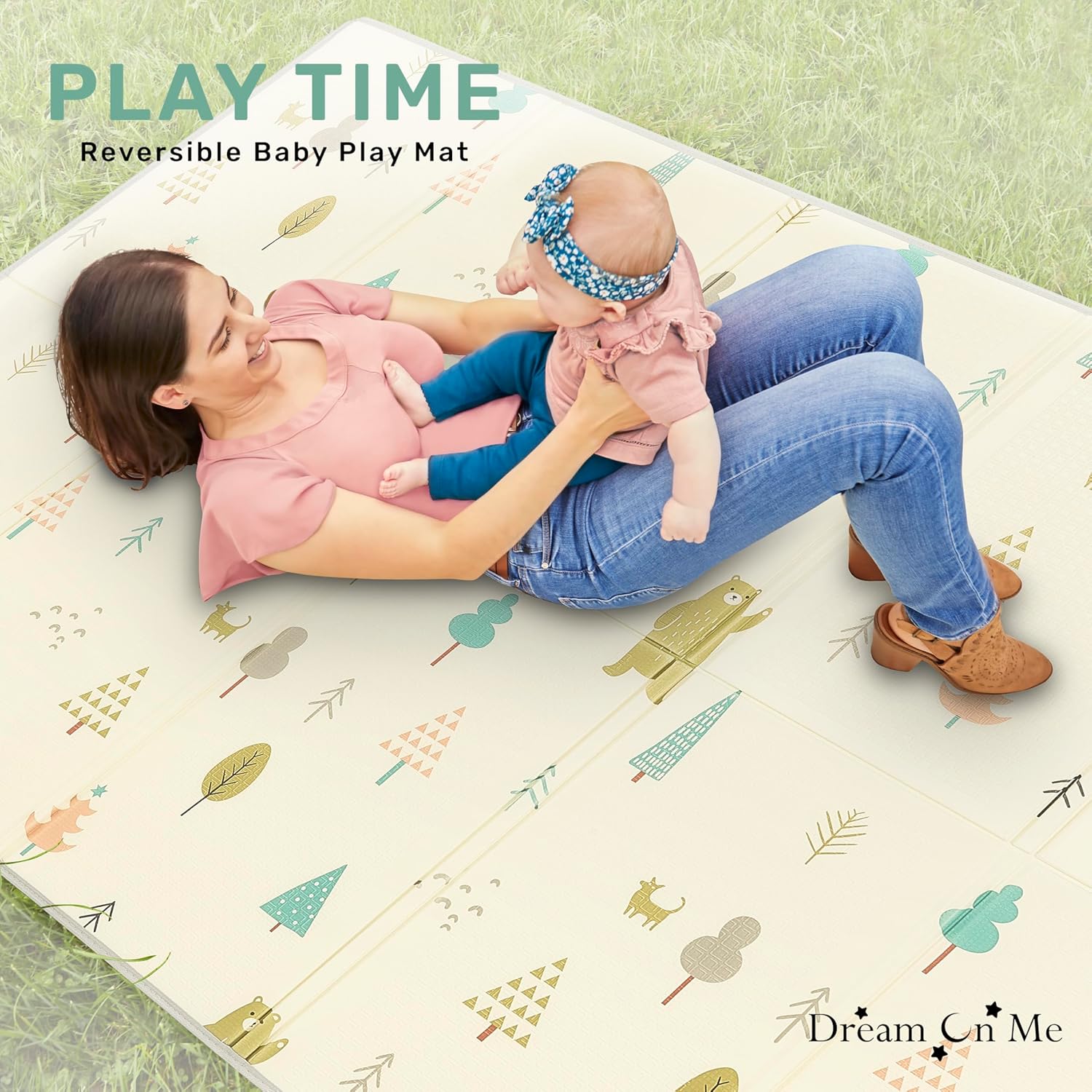 Dream On Me Play Time Reversible Baby Playmat, Foldable Extra Large Thick Foam Crawling Playmats for Toddlers, Waterproof Portable Playmat for Babies