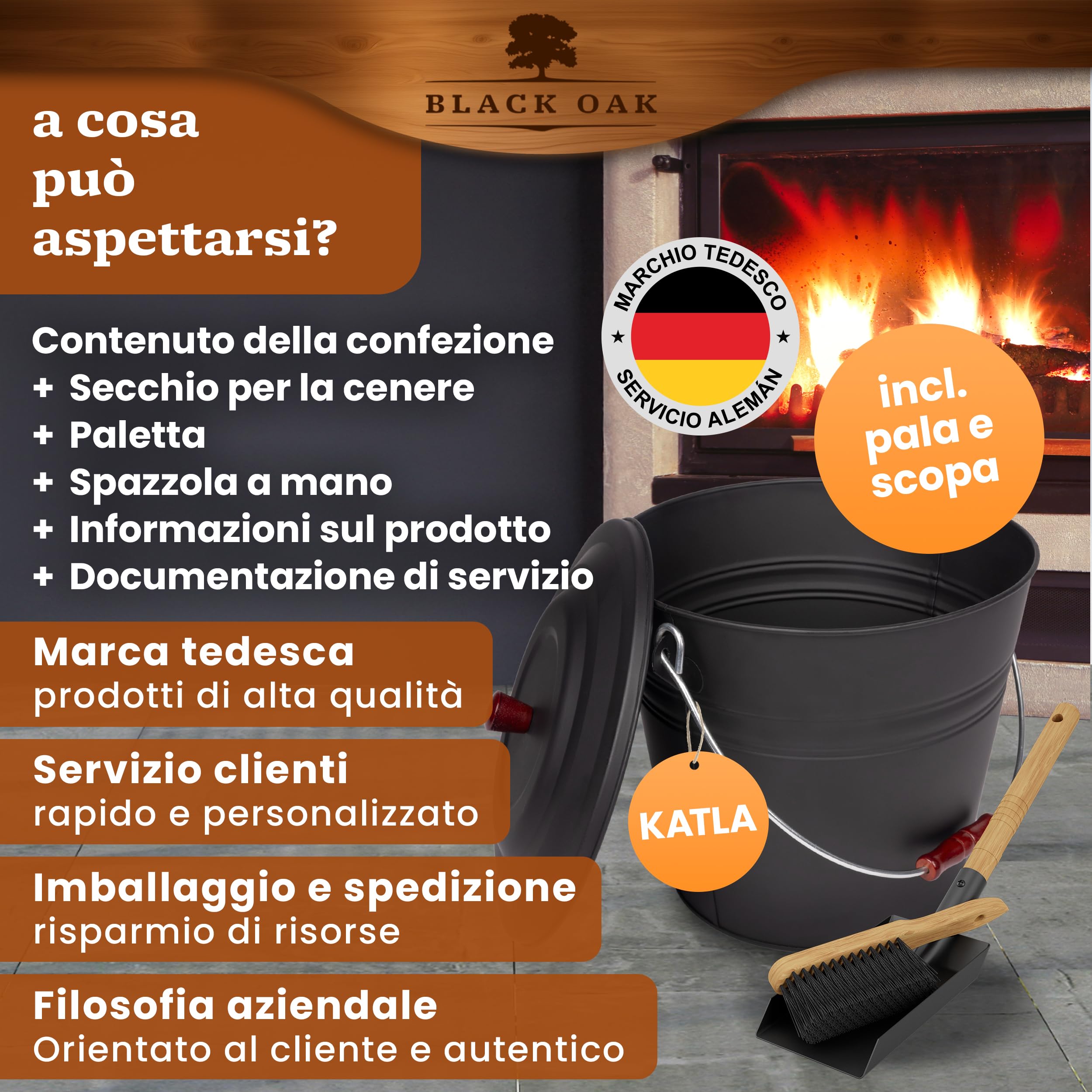 BLACK OAK Katla - Secchio per cenere da 15 l, con coperchio grande, 15 litri, in acciaio zincato a prova di fuoco, verniciato a polvere, cenere e carbone, accessorio ideale per stufa a legna