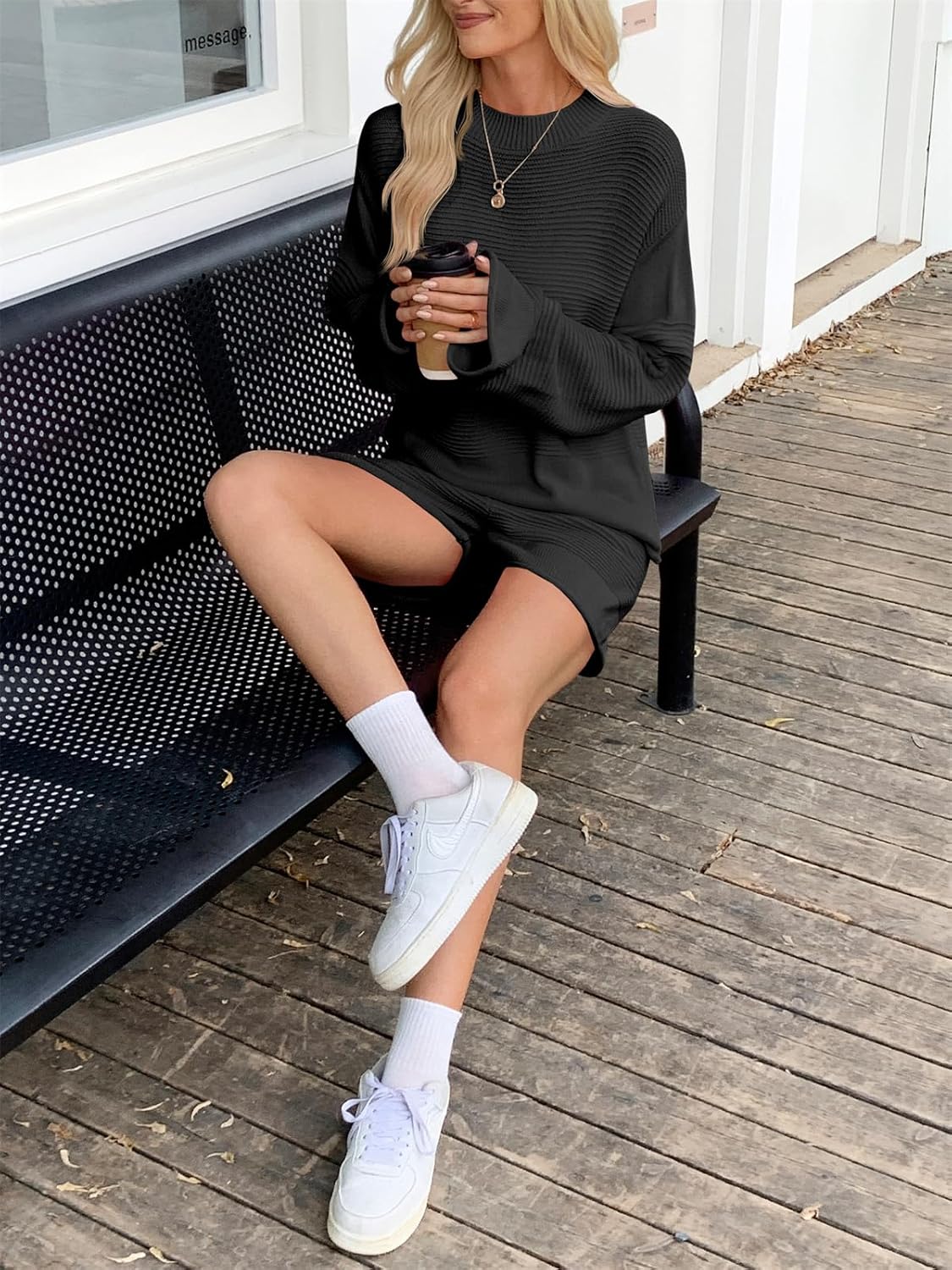 Tankaneo Womens 2 Piece Short Sets Bell Sleeve Mock Neck Oversized Sweater and Shorts Fall Sweater Sets Lounge Matching Set - Image 6