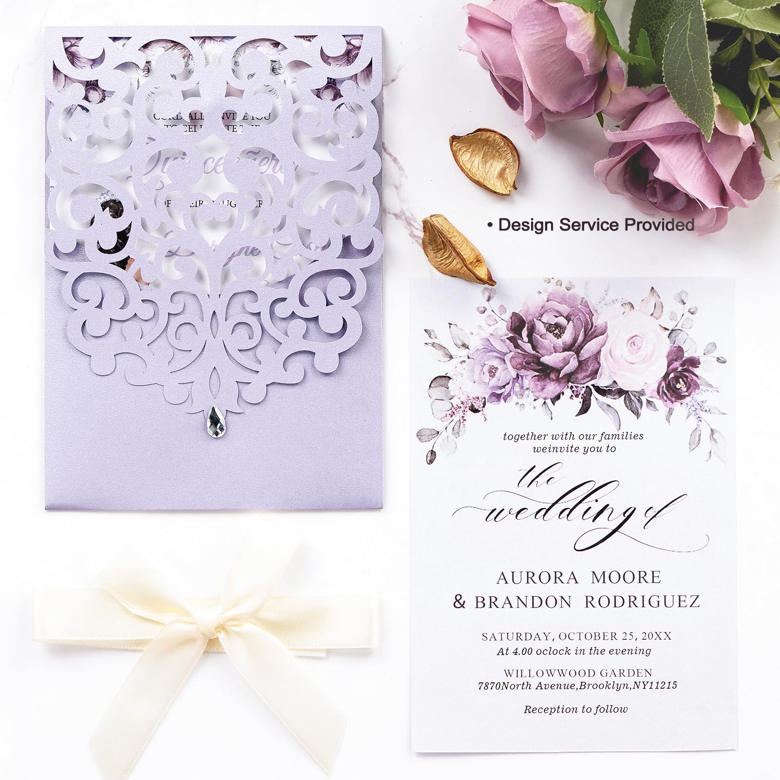 Blanko-Hochzeitseinladungen mit Umschlägen und Antwortkarten, Hellviolett, 50 Stück | Lasergeschnittene Einladungskarten, komplett blanko, für Hochzeit, Verlobung, Babyparty, Brautparty, Quinceanera Sweet 16