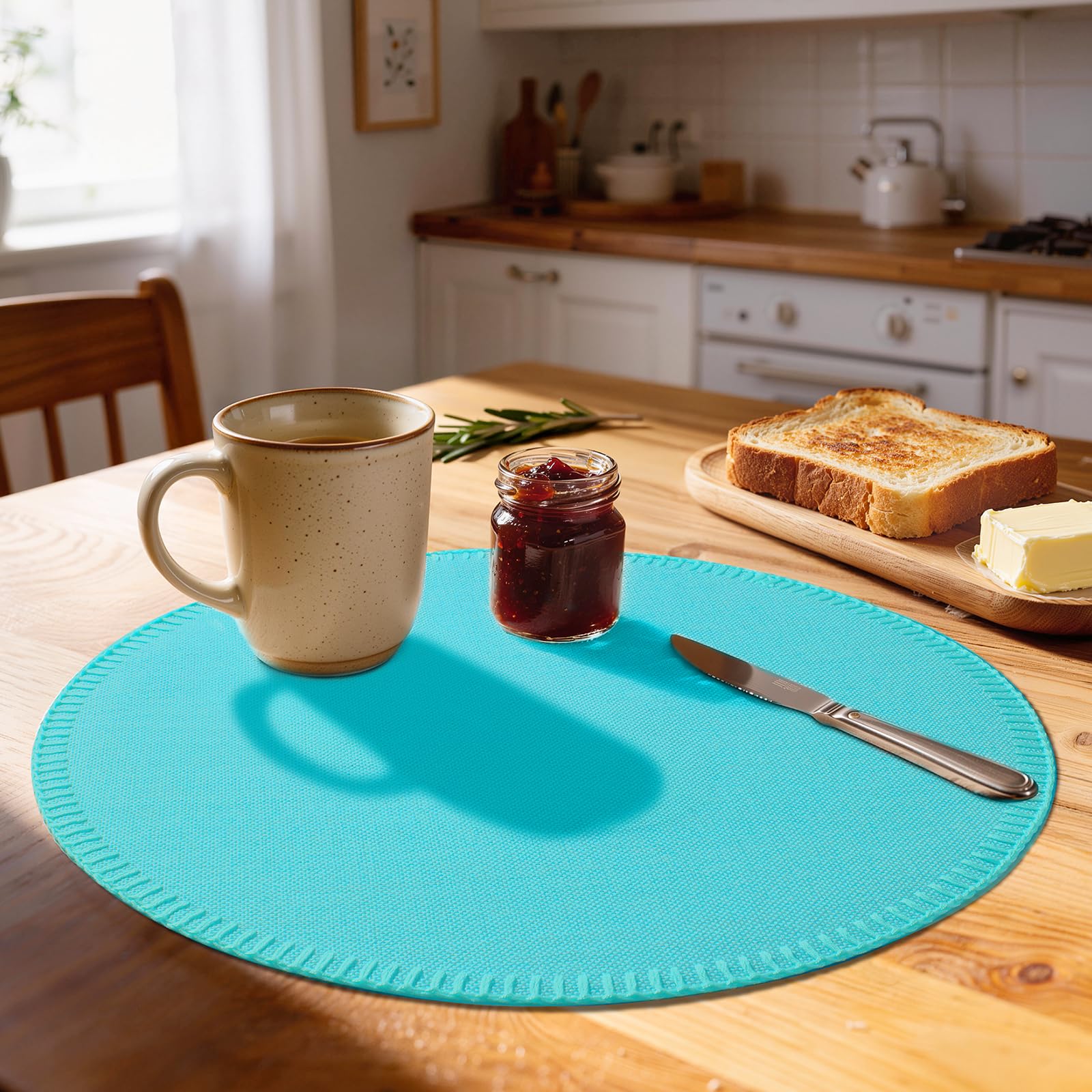 Rinpon Round Placemats Set of 8 - Machine Washable Linen-Like Cloth Place Mats & Heat-Resistant for Dining Table - Ideal for Family Meals, Daily Use, and Holiday Gatherings (Teal Blue)