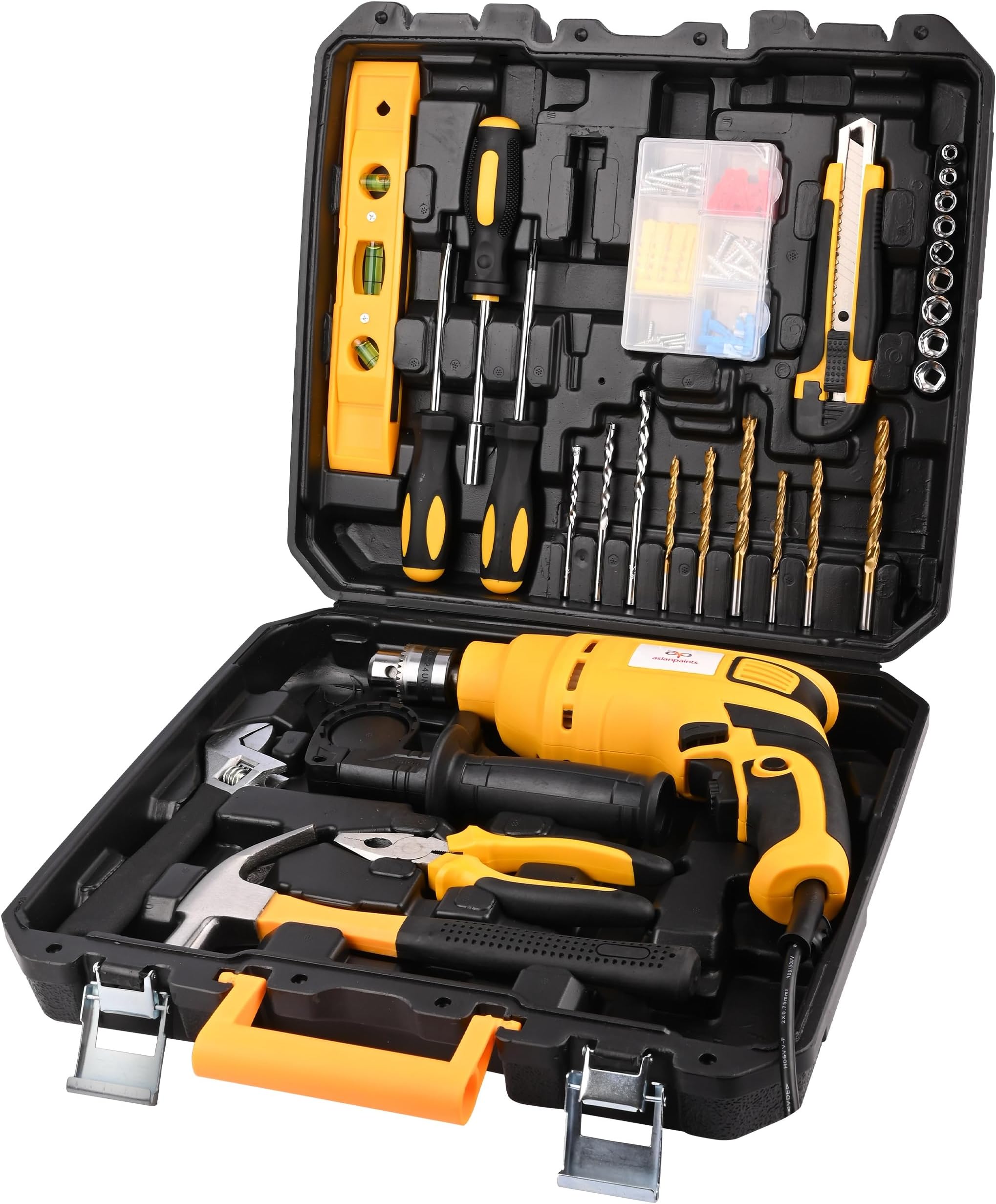 Asian Paints Corded Electric Professional Impact Drill Tool Kit,550 Watts,2900 RPM,Chuck 10Mm Machine Variable Speed,Forward/Reverse Rotation,Double Insulation,Improved Carbon Brush (100 Pcs),Yellow