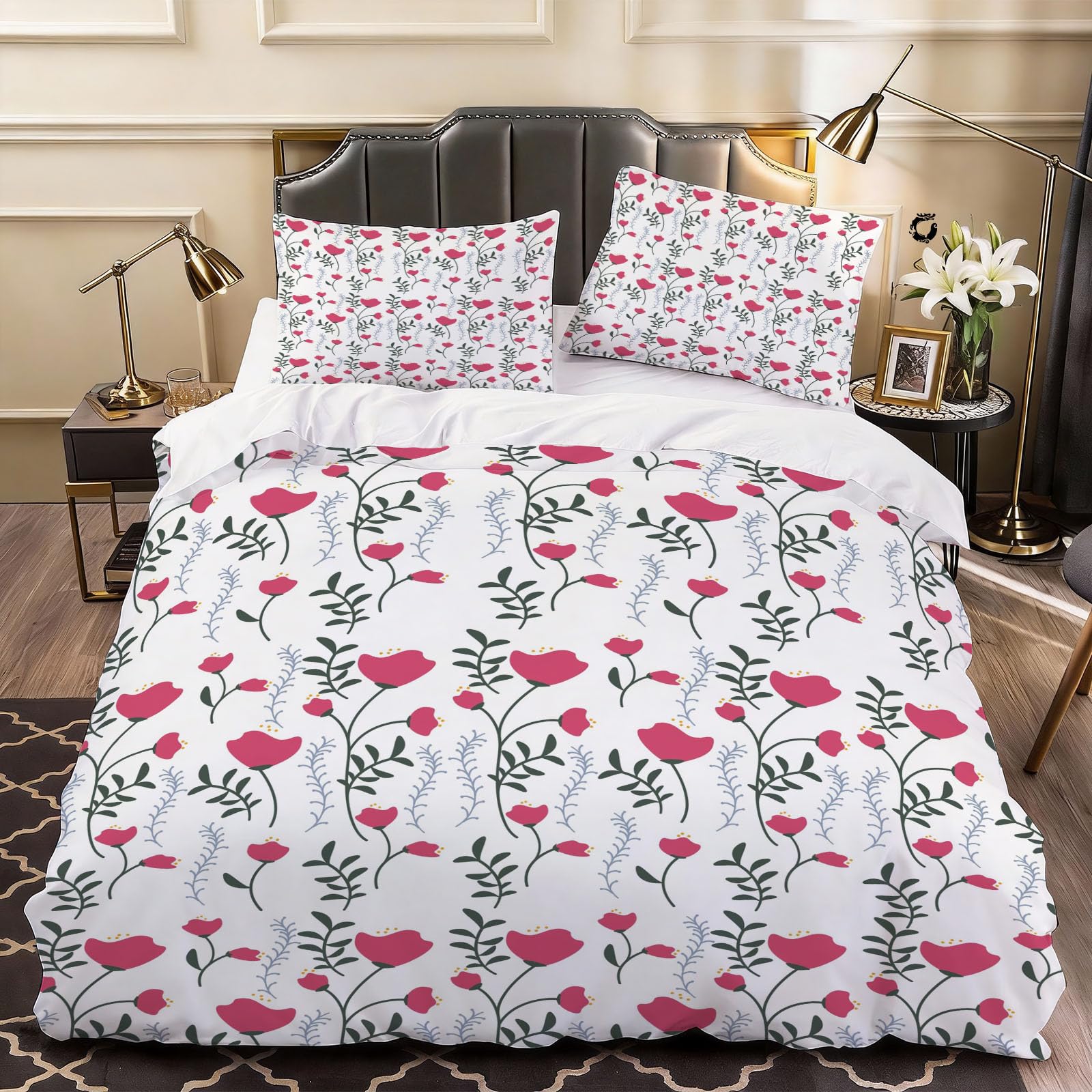 3D Floral Duvet Cover Minimalistic Bedding Super King Bed Set, Soft Microfiber Comforter Cover Printed with Zipper Closure Quilt Coverr 260x220 cm and 2 Pillowcases