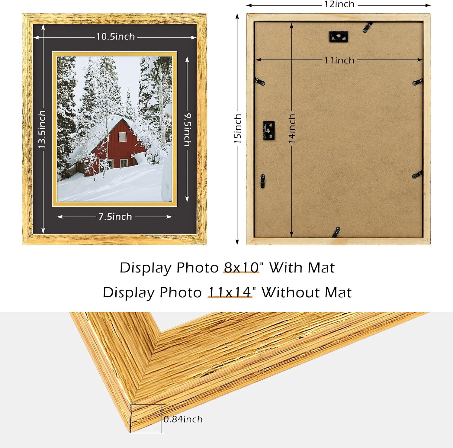 Golden State Art, 11x14 Distressed Gold Wood Frame with Black over Gold Double Mat - Displays 8x10 Photos - Real Glass, Sawtooth Hangers, Back Turn Buttons - Wall Mounting, Landscape, Portrait