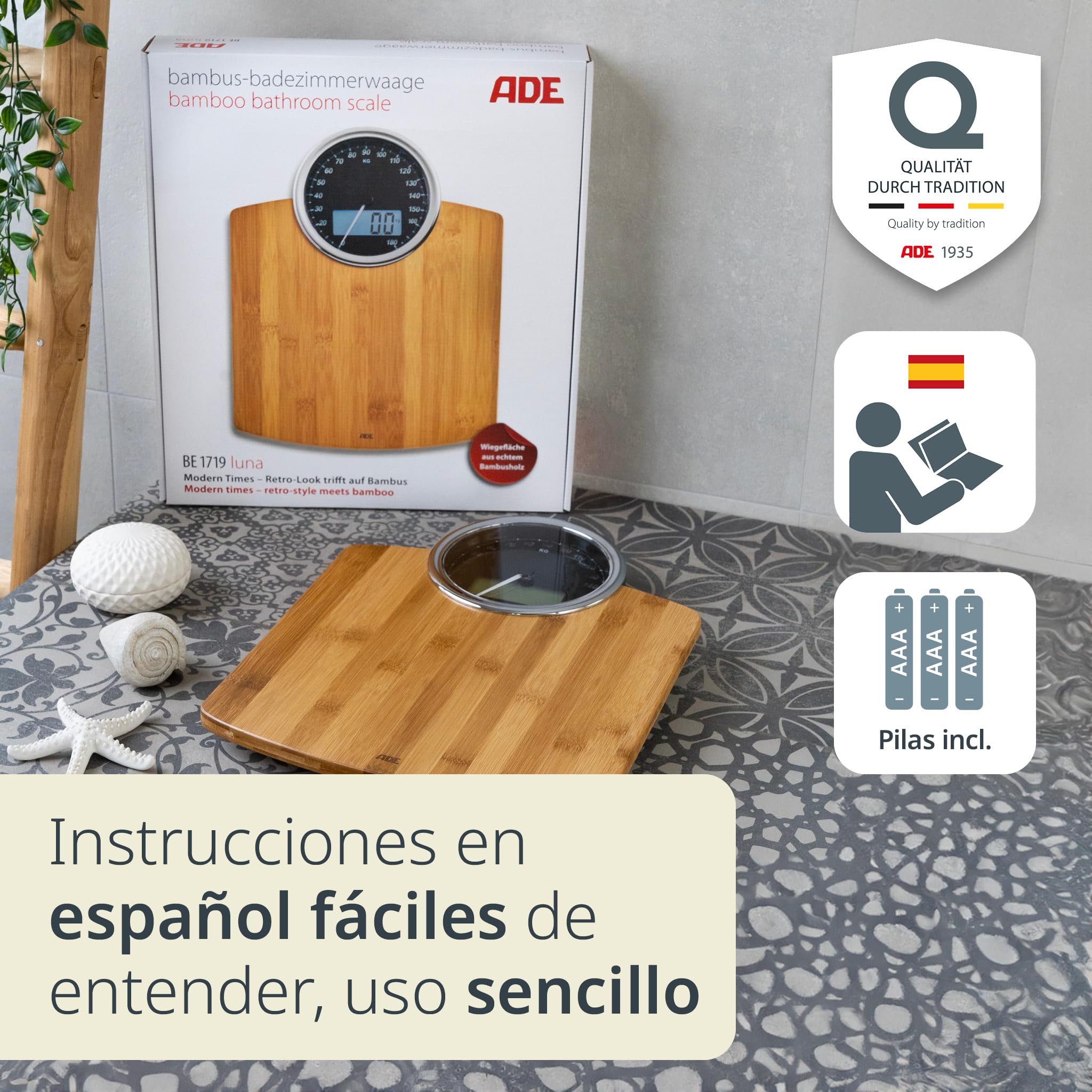 ADE Báscula corporal digital con pantalla analógica | gran pantalla | resultados muy precisos hasta 180 kg | superficie de pesaje de auténtica madera de bambú