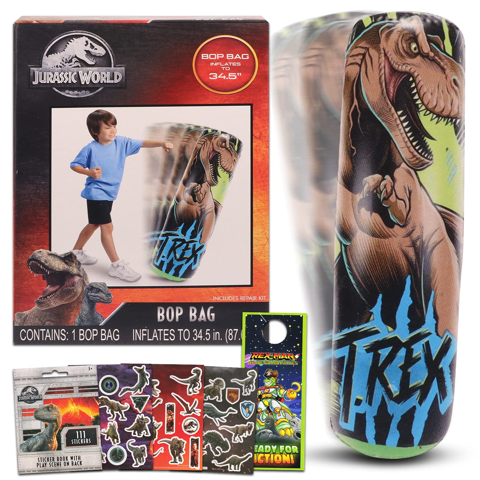 Jurassic T-RexJurassic World T-Rex Bop Bag Set - 3 Pc Bundle with Dinosaur Punching Bag for Kids | Jurassic Park Bop Bag with 100+ Dino Stickers and More (Jurassic World Toys and Games)