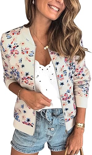 ECOWISH - Chaqueta bomber casual con estilo floral y cierre para mujer, ligera, corta, diseño de camuflaje, sin forro, ropa exterior, rompevientos