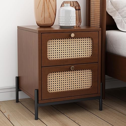 Miniatura 1 de Moderna mesita de noche de madera de ratán con 2 cajones para dormitorio, sala de estar, entrada, pasillo, 17 pulgadas de largo x 17 pulgadas de