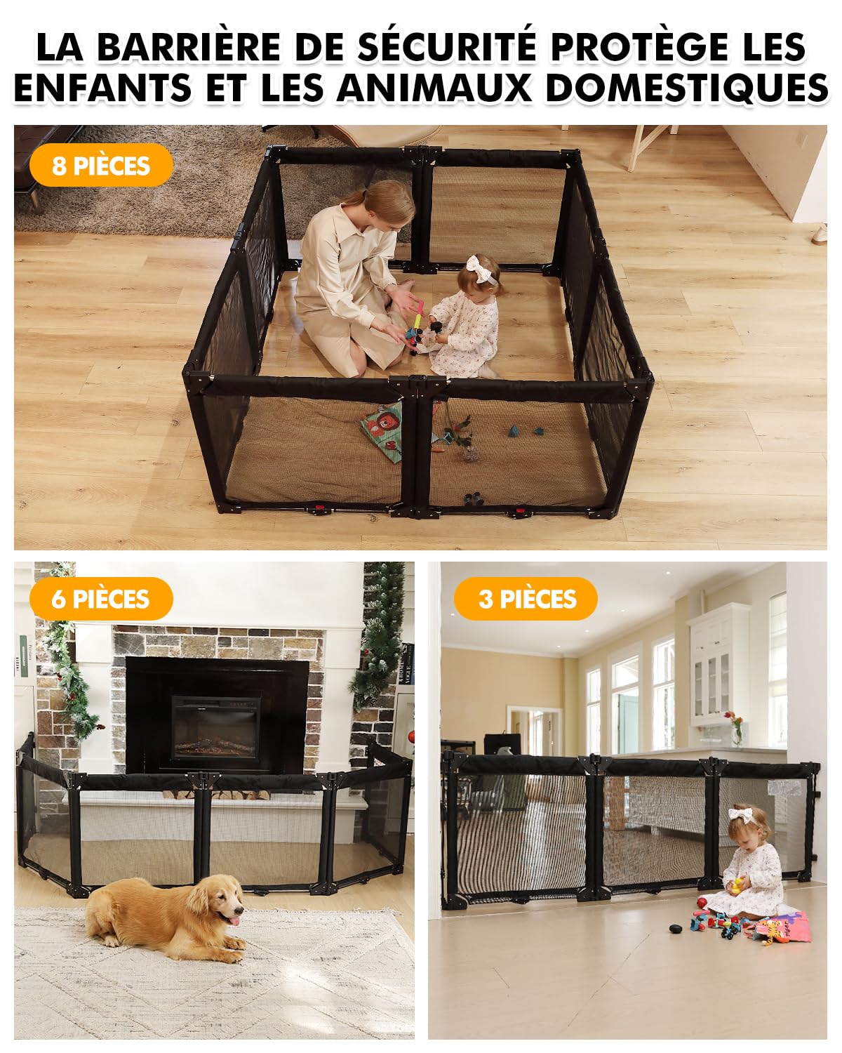 Derimkcoa Barrière de Sécurité Enfants pour Cheminée avec Porte 210 cm, 3 Pièces Barrière Escalier Pliable Bébé, Protection Enfants et Animaux, Grille de Sécurité pour Poêle