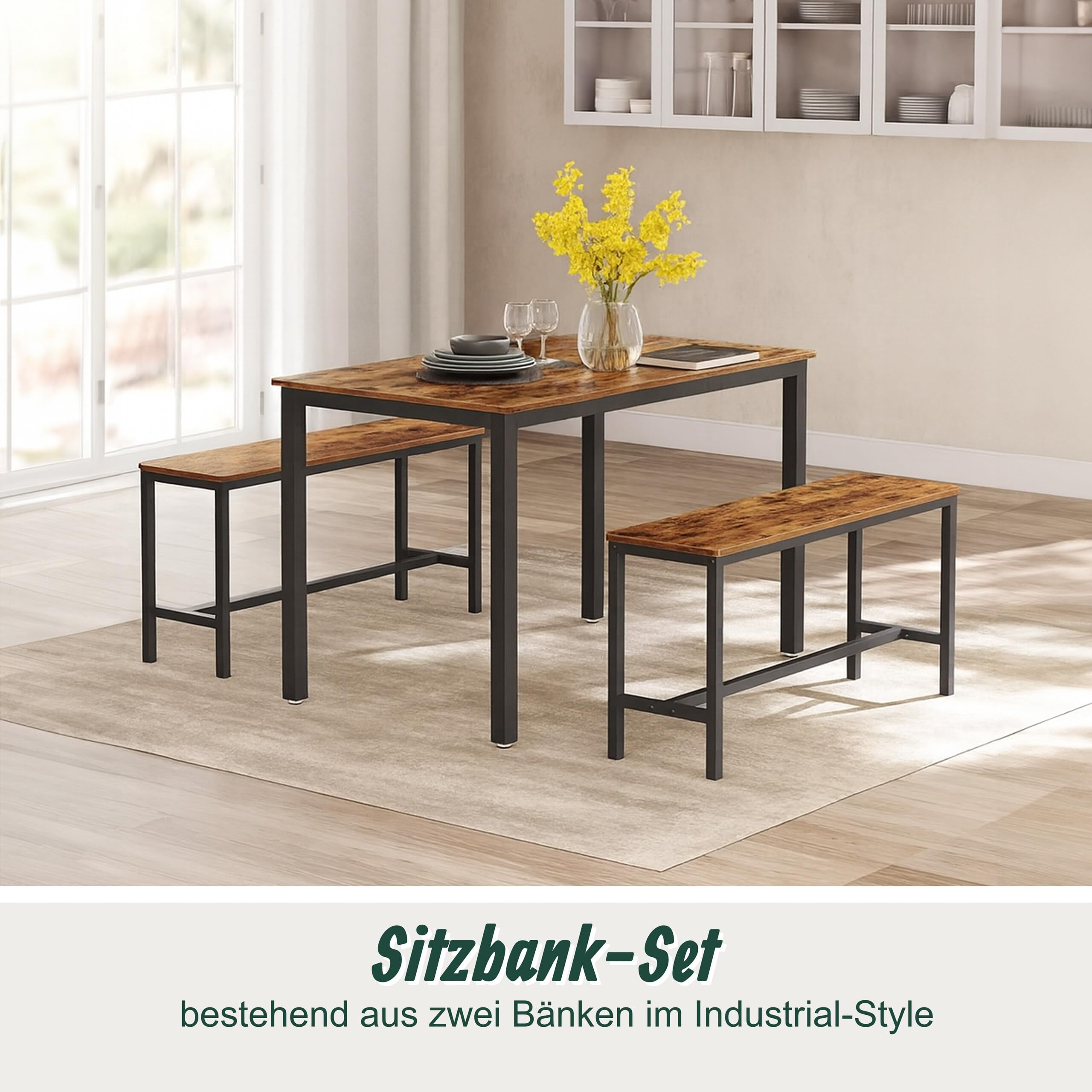 Relaxdays Sitzbank 2er Set, Esszimmer, platzsparende Essbank, HBT: 51x108x32 cm, Küchenbank, Metall, Industrial/Schwarz