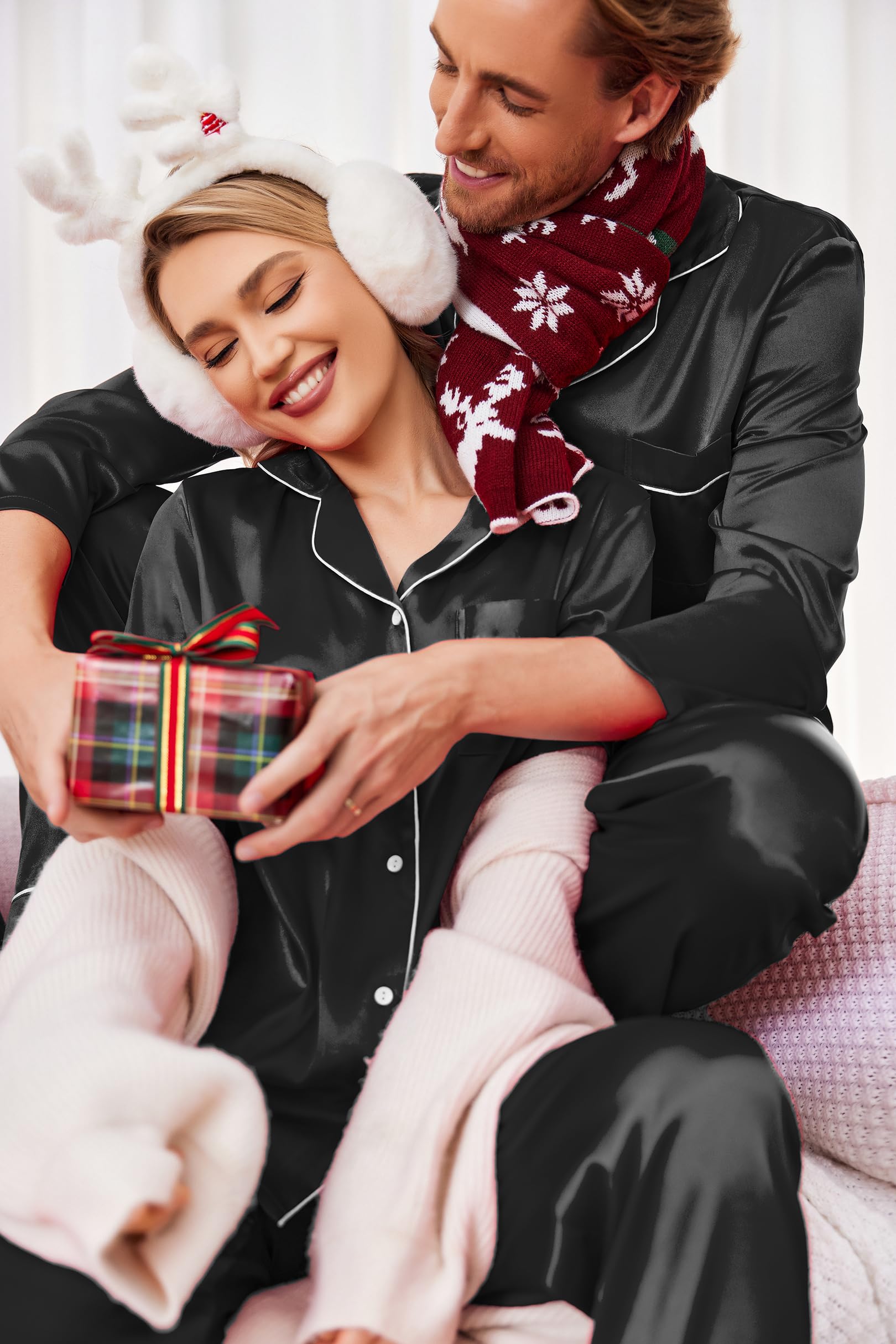 Ekouaer Pijamas a juego para parejas, de seda, de manga larga, de satén, suave, con botones, tallas S-XXL, Negro, XXL