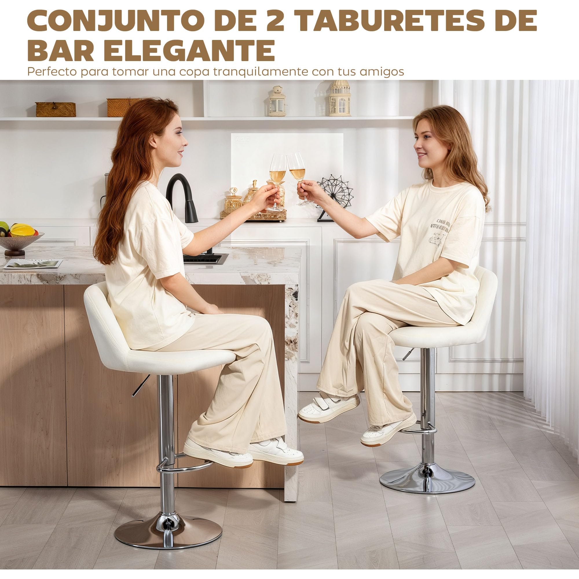 HOMCOM Juego de 2 Taburetes de Bar Taburetes de Cocina Altos 81 cm Crema