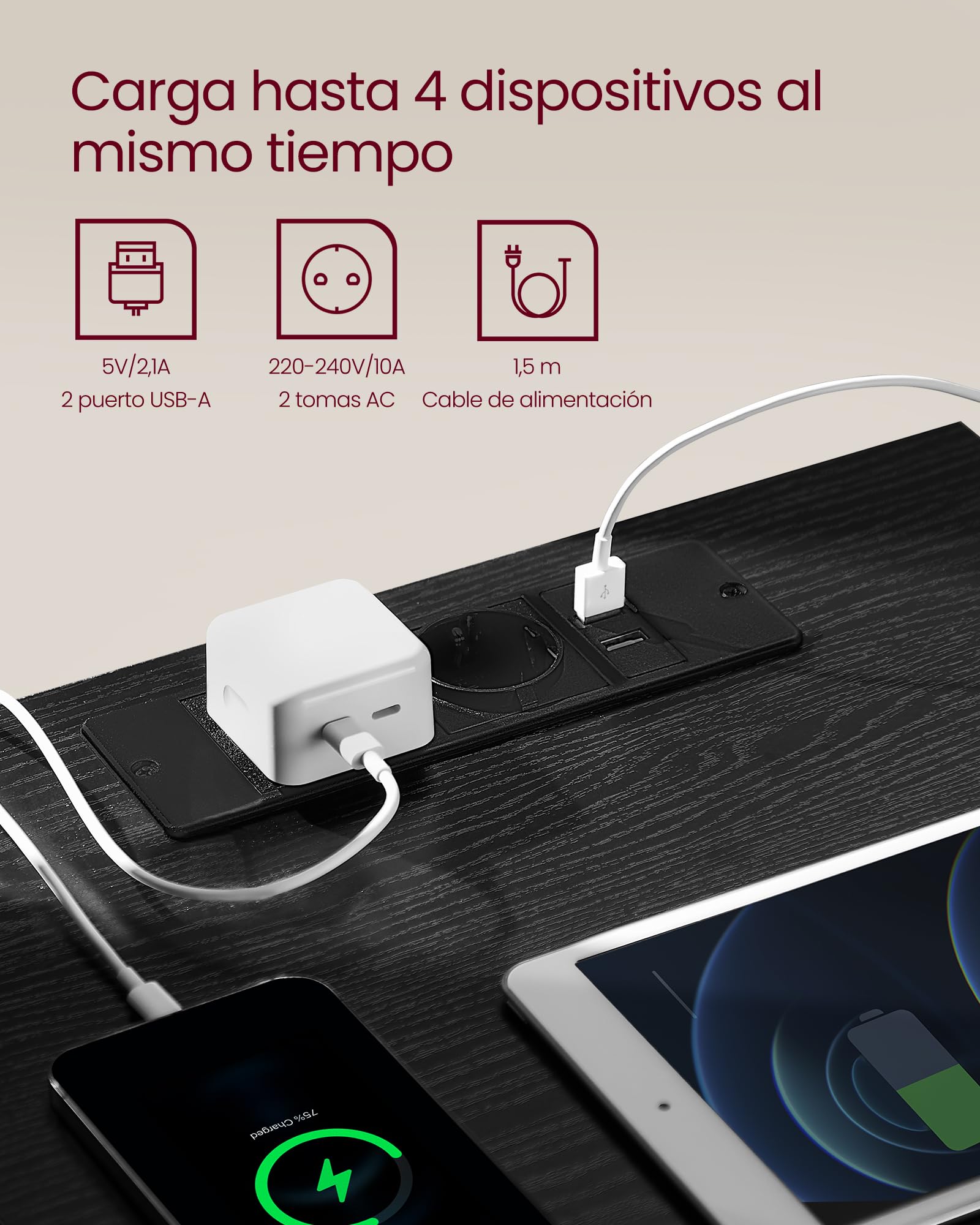 VASAGLE KAILYN Colección - Juego de 2, Mesita de Noche con Regleta de Enchufes, Mesa Auxiliar, 2 Cajones, 2 Tomas AC, 2 Puertos USB-A, Salón, Dormitorio, Negro Ébano LET821B02