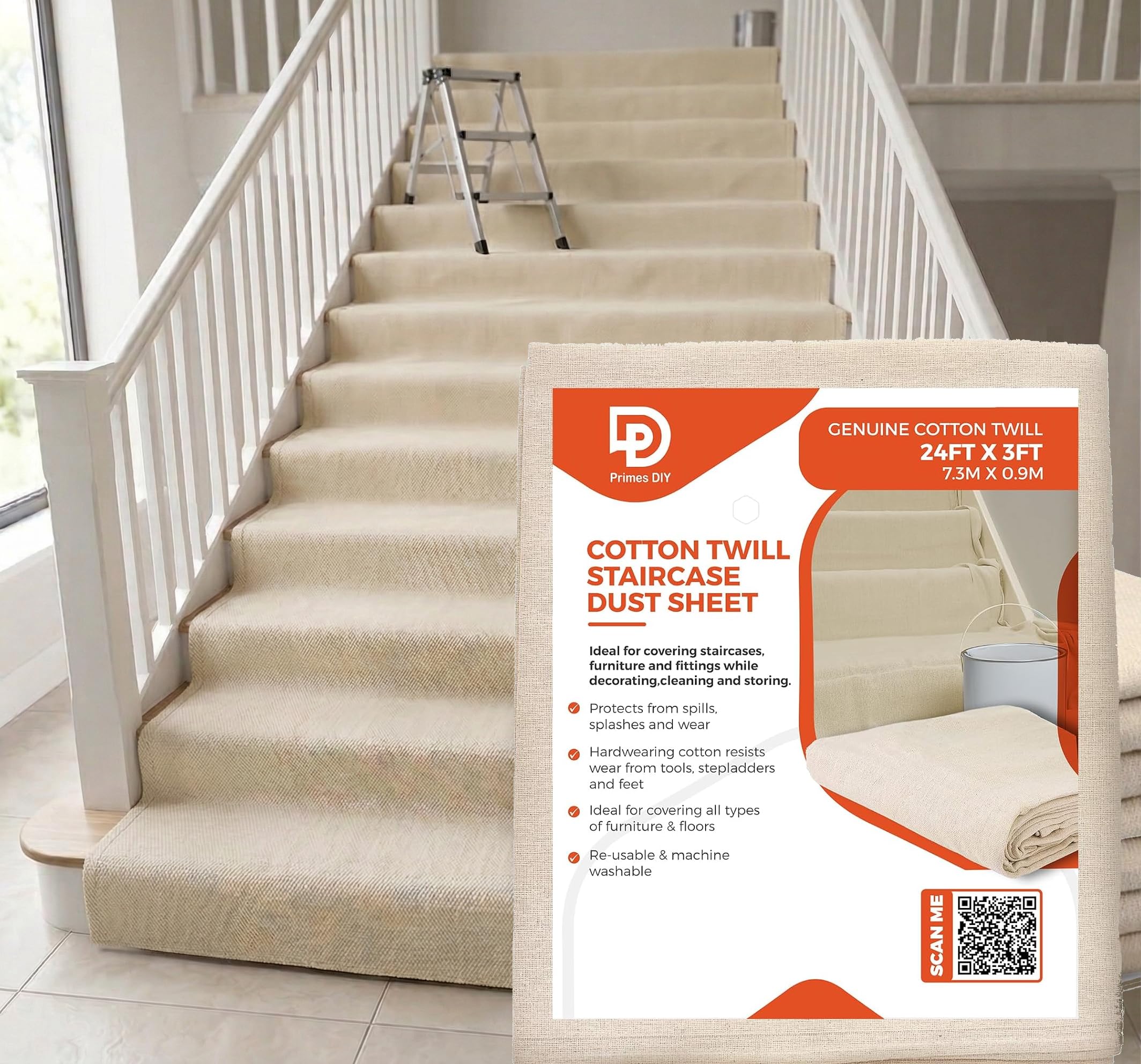 24ft x 3ft Staircase Cotton Dust Sheet | Heavy Duty Professional Stair Runner for Decorating, DIY, Carpet Protection & Painting, Pack of 3