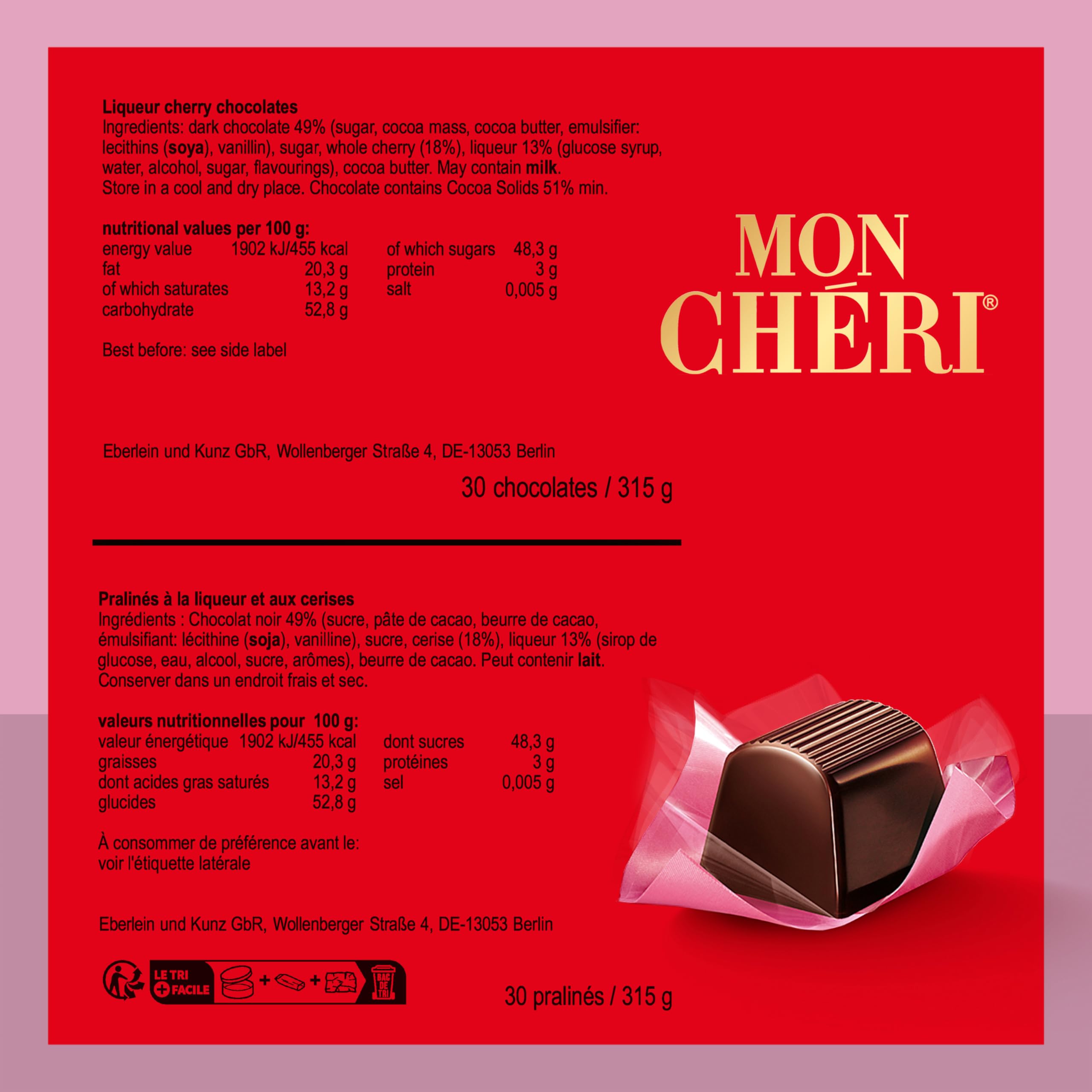 Chocolats MonChéri - 2x 315g (60 pièces) - Chocolat noir à la liqueur de cerise - Bonbon pour adultes - Pour un anniversaire, Noël ou simplement pour le plaisir de grignoter