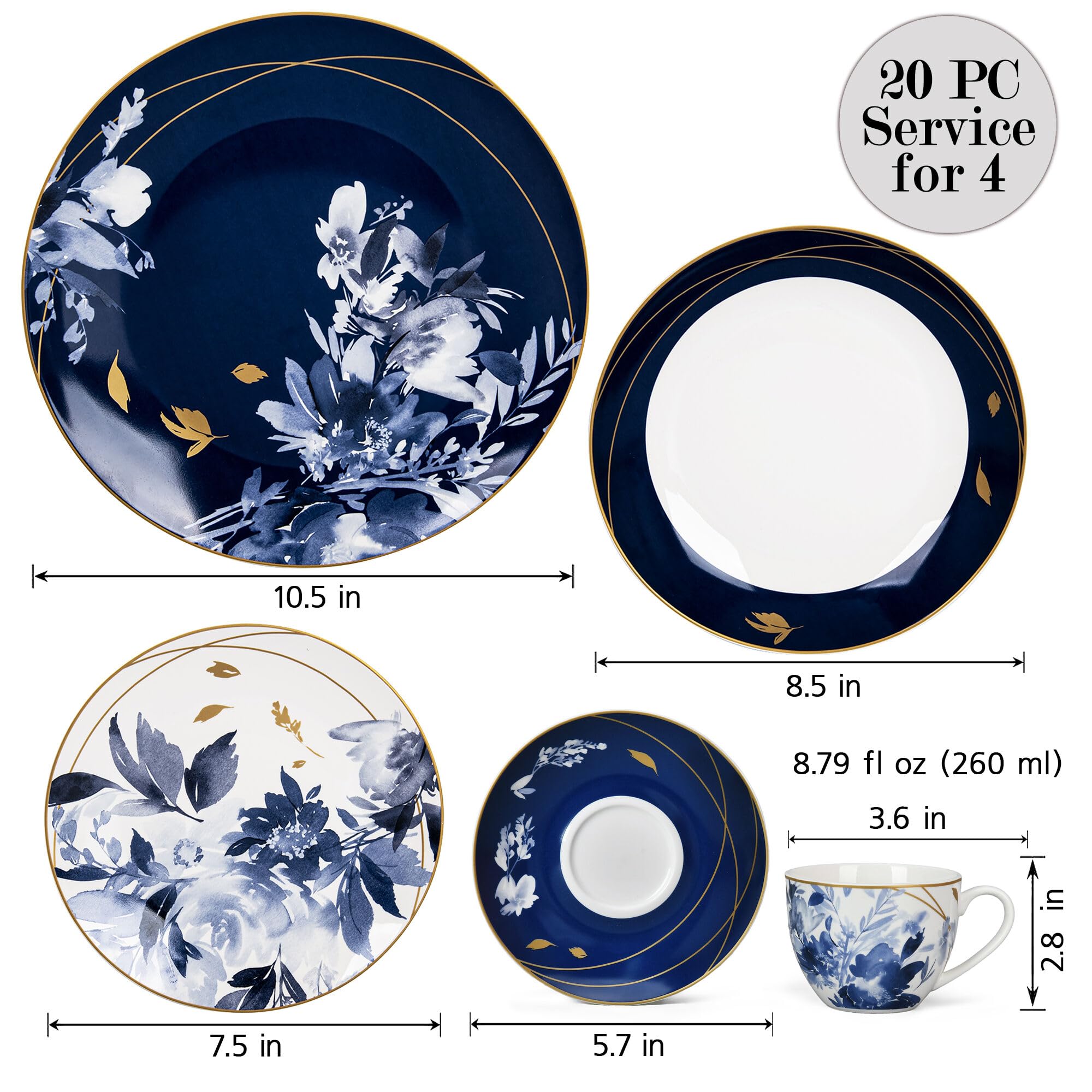 STP GOODS Bone China Dinnerware Set of 20 for 4 persons, Handmade Reactive Glaze Dishes Set,Chip Resistant and Scratch Resistant | Oven&Dishwasher & Microwave Safe (Mizuki), 229574