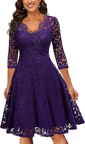 MISSMAY Vestido de fiesta de dama de honor con encaje floral vintage de manga 34 para mujer