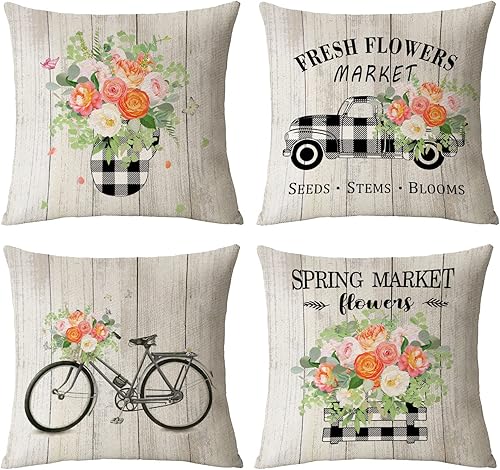 Miniatura 1 de Hello Spring - Juego de 4 fundas de almohada de 18 x 18 pulgadas fundas de almohada florales para primavera y verano fundas de cojín decorativas