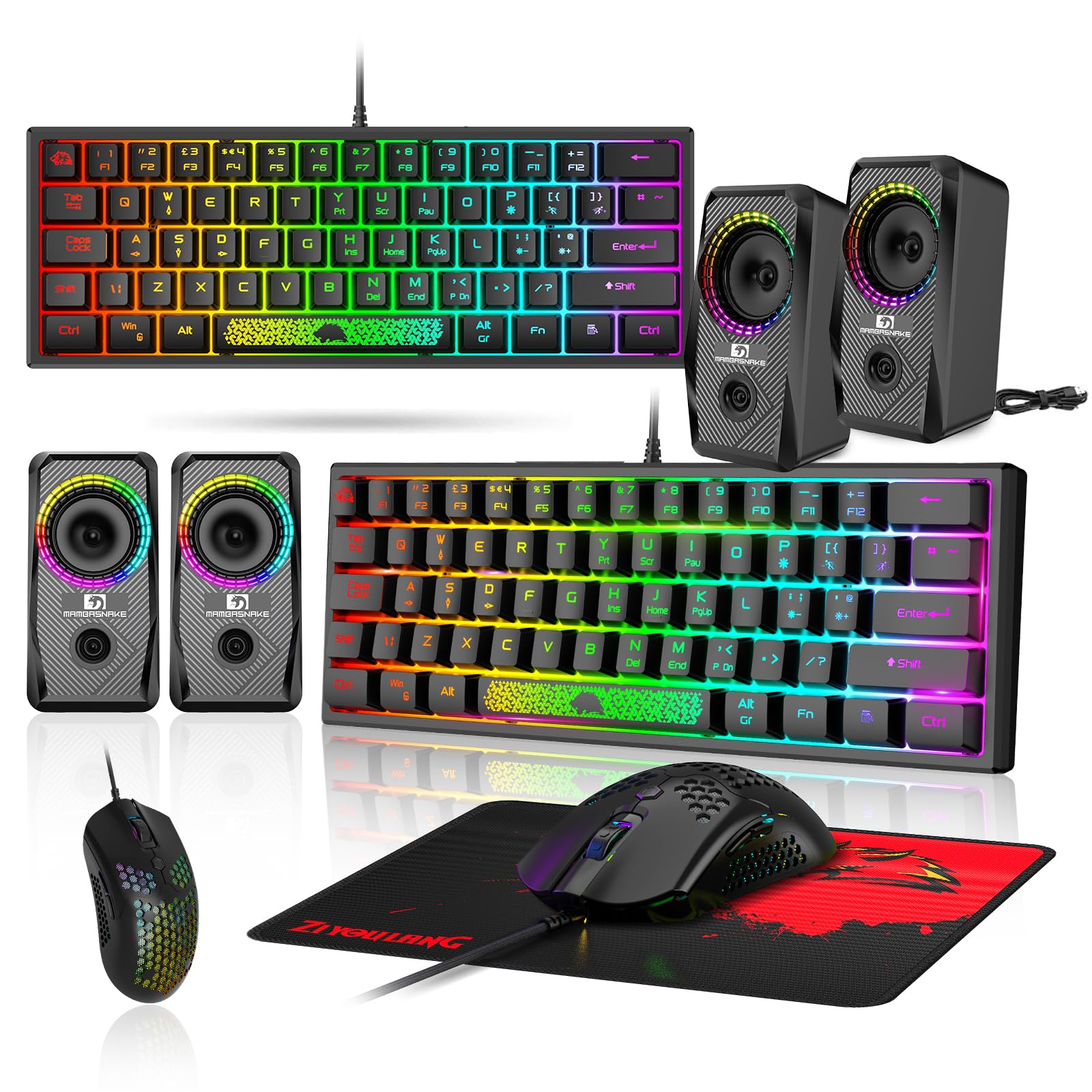 LexonElec Tastatur Maus Set Champing Zubehör PC Pack Combo – 60 Prozent Ultrakompakte Leuchtende Mini Tastatur QWERTY Layout Und 6400 DPI Maus Gaming Bass Lautsprecher Atmungsaktives Mauspad
