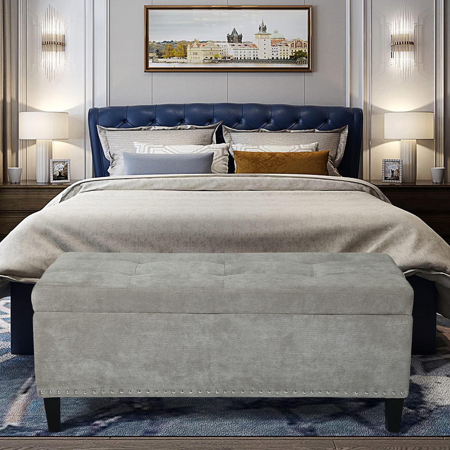 Adeco Royal Grey Microfiber Rectangular Tufted Lift top Storage Bench Footstool, 42x18 Ottomans & St