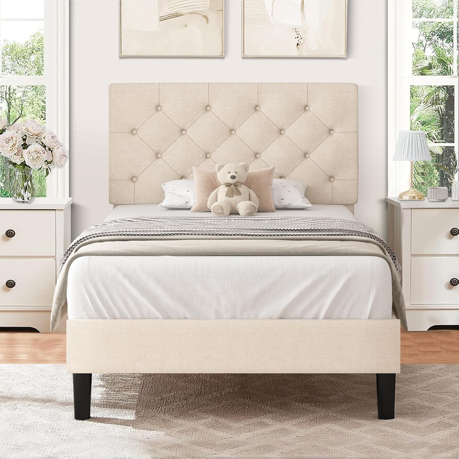 Twin Size Platform Bed Frame with Button Tufted Headboard
