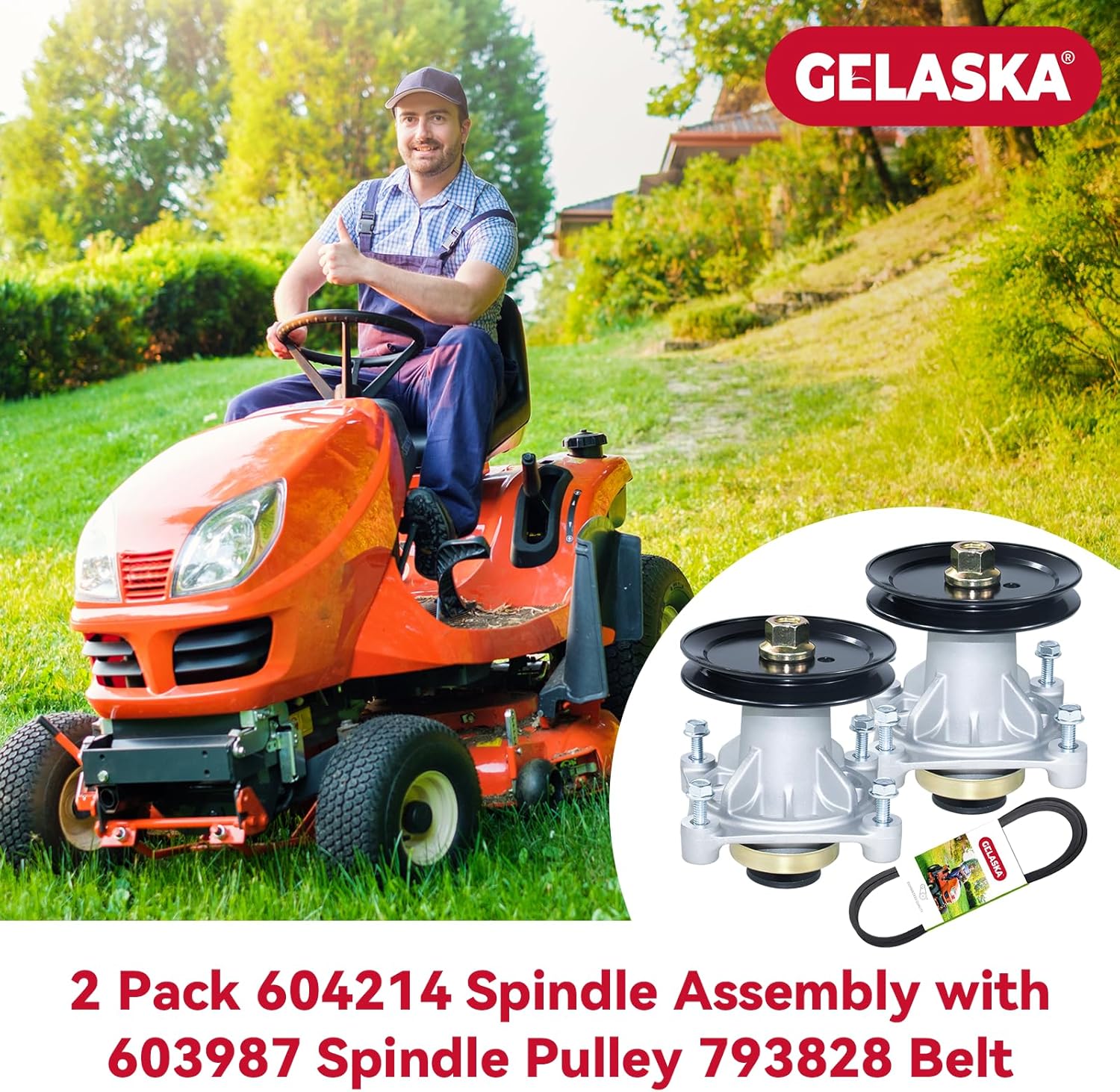 GELASKA 2 Pack 604214 Spindle Assembly with 603987 Spindle Pulley 793828 Belt for Hustler Raptor 42, Hustler 42 934786, 935742 934505US 931741 932004US 933069 933937 935791 937748 937847 938167 Mowers