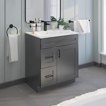 30" Shaker Bathroom Vanity Sink Base with Drawers Ready to Assemble Gray Shaker Vanity Base