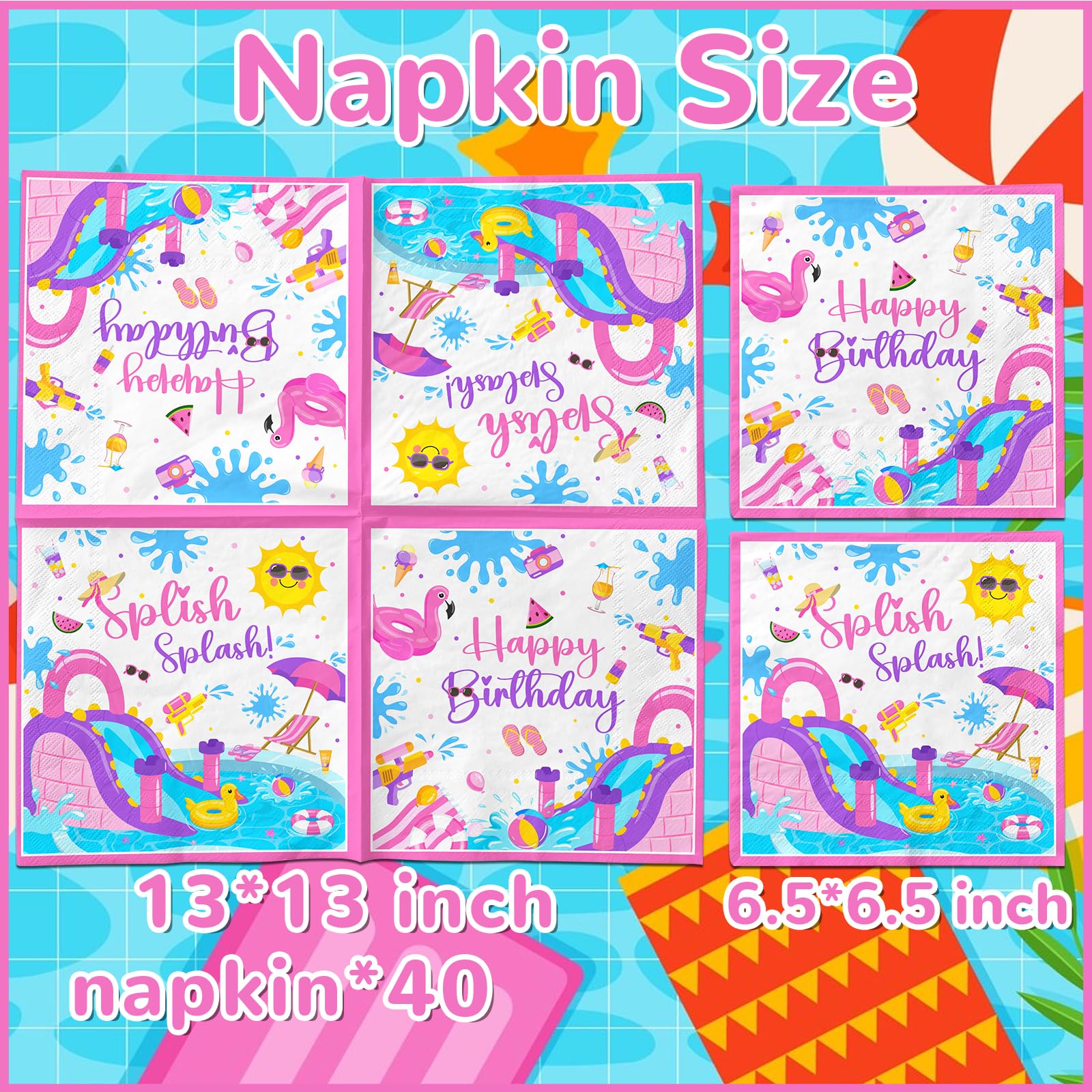 Splish Splash Birthday Decorations Napkins,Pink Summer Birthday Party Decorations Waterslide Napkins Disposable Water Slide Party Decorations Napkins for Splish Splash Waterslide Party Decorations