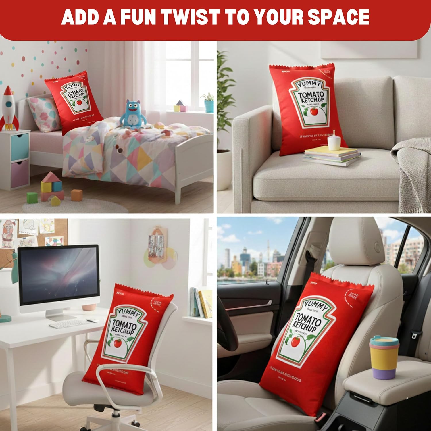 Ketchup Pillow Plush 20"x12" Tomato Room Décor Cute Valentine’s Day Gift Cool Things Ketchup Bottle Stuffed Holiday Funny Plushies Palm Pals Food Giant Plush Food Festive Throw Pillows