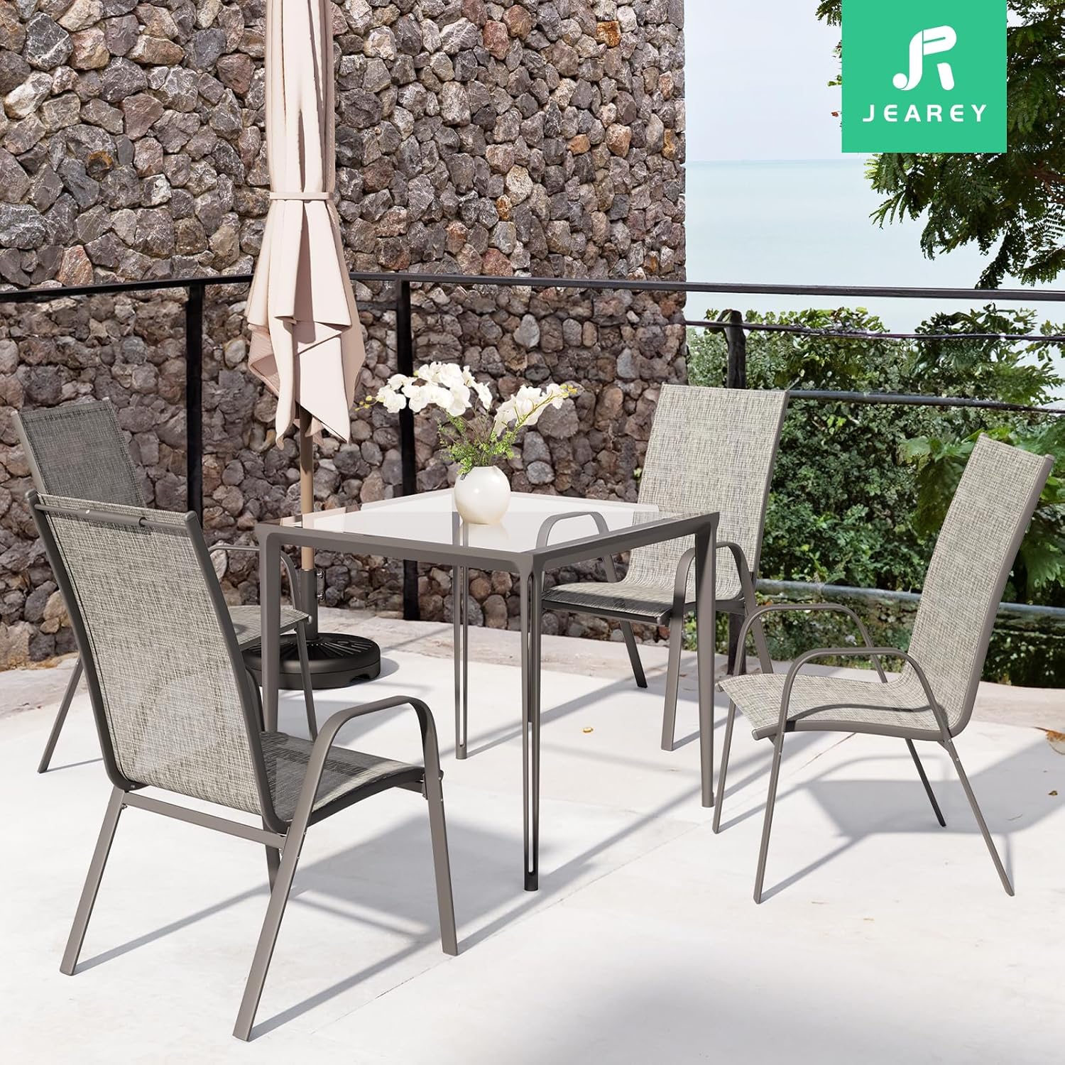 JEAREY Patio Dining Chairs Set of 4, Outdoor Stackable Dining Furniture Set, All Weather Dining Set for Lawn, Garden, Backyard, Poolside, Gray