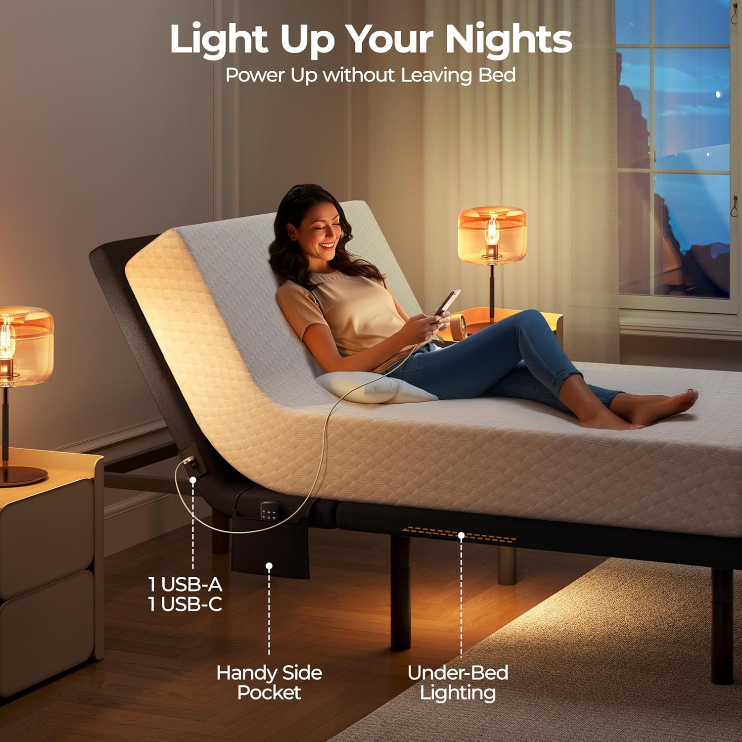 Yaheetech Twin XL Adjustable Bed Frame,w/Wireless Remote,Massage Function,Nightlight,4 Height-Adjustable Legs,Head & Foot Incline,USB Ports,Easy Assembly(3-Step)