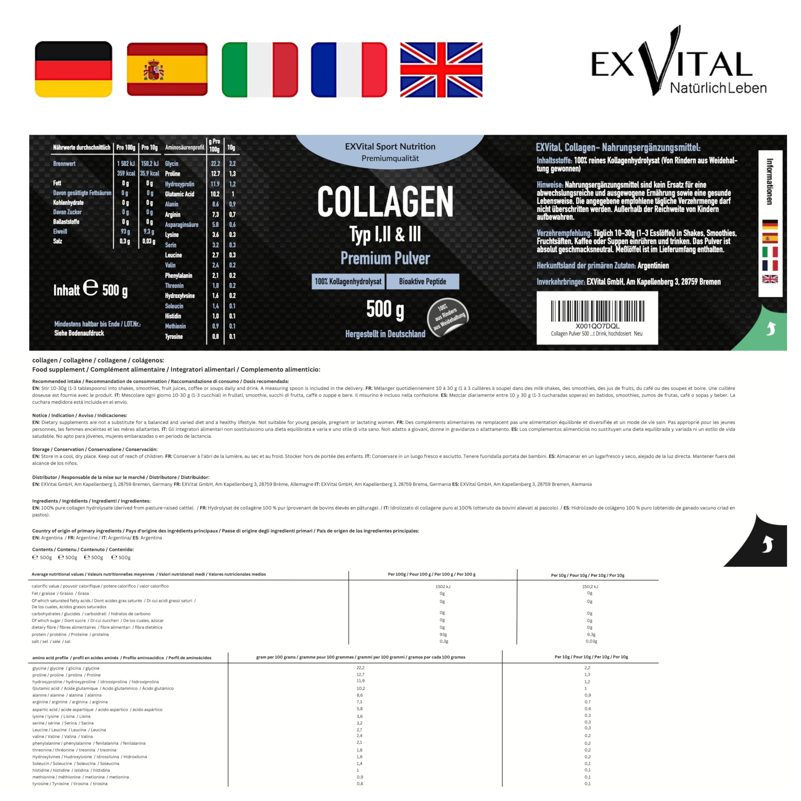 Poudre de collagène 500 grammes - Hydrolysat de collagène bioactif en peptides, poudre de protéines - Sans goût, collagène de type 1, 2 & 3 Lift Drink, hautement dosé
