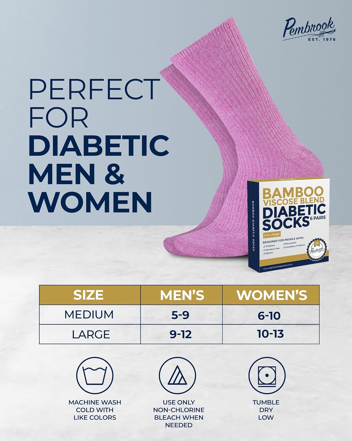 Pembrook Ribbed Knit Bamboo Viscose Diabetic Socks - 6 Pairs Crew Neuropathy Socks for Women | Diabetic Socks for Women - Image 6
