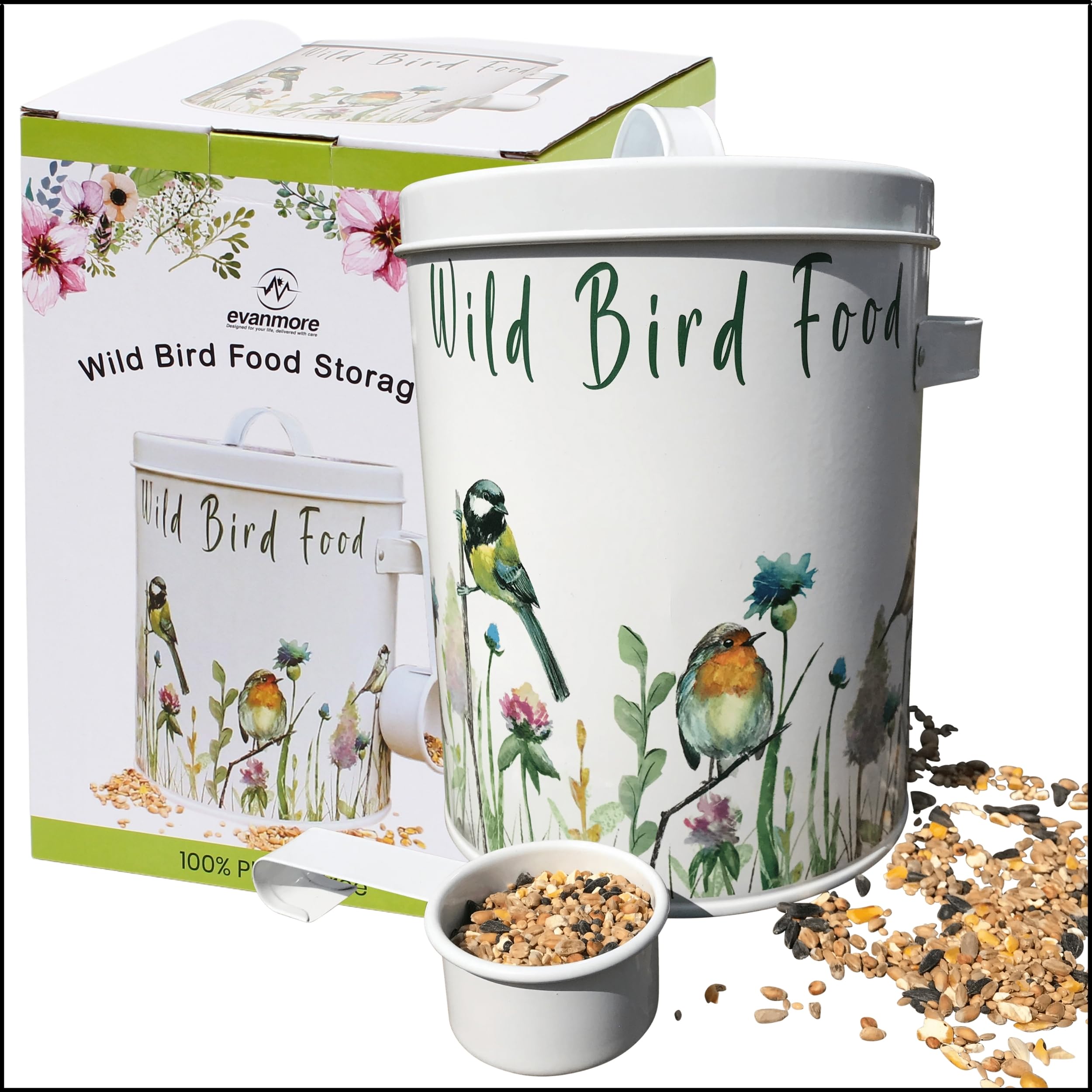 Wild Bird Food Storage Tin Garden Birds Seed Feed Metal Container 4L (2kg) Canister With Scoop Handle Gift Box Bird Seed Storage Tin