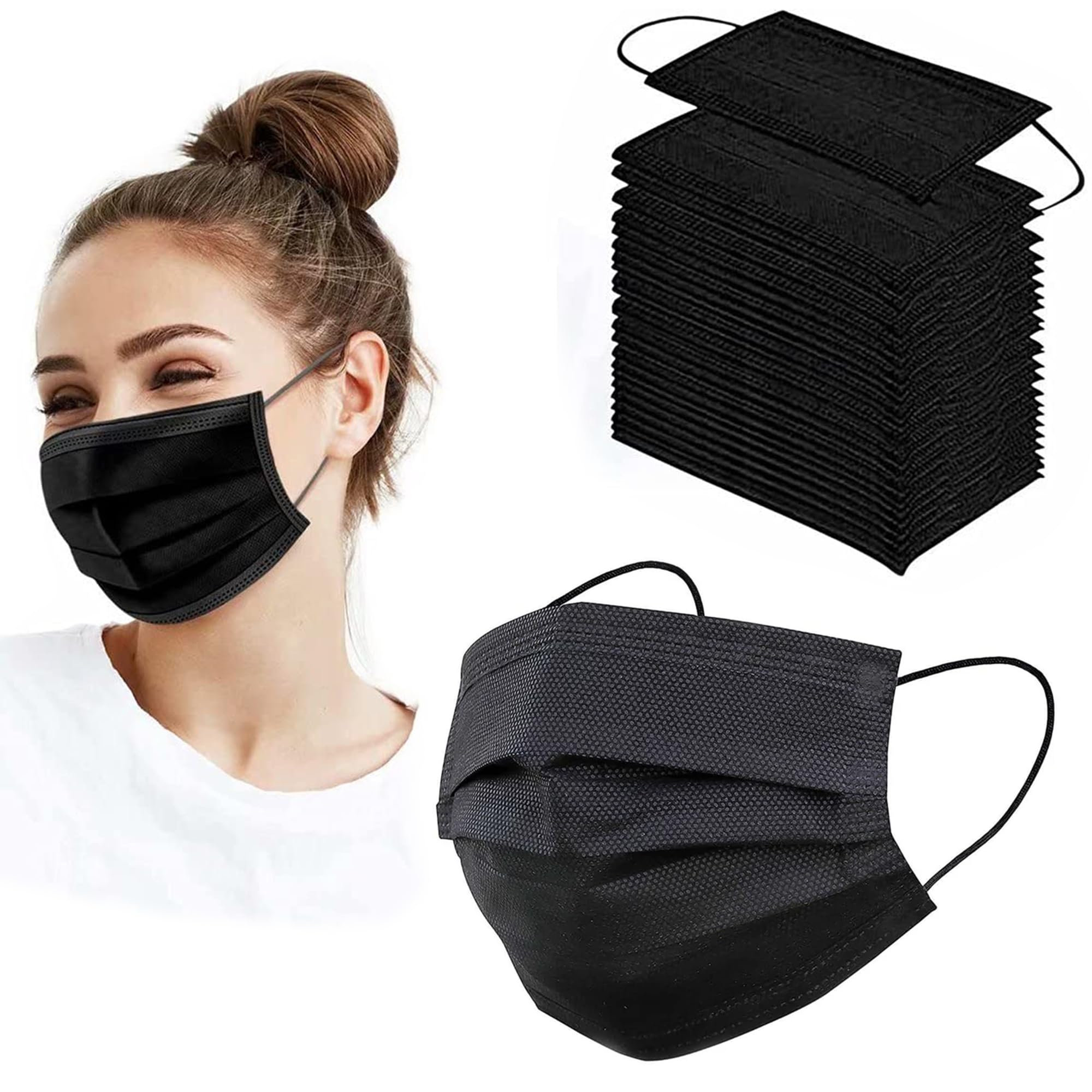 1000-Pack Disposable Face Masks, Adjustable Nosepiece & Elastic Ear Bands, Breathable & Allergy-Free, 3-Ply Adult Masks for Home, Office, School, and Outdoors - Black
