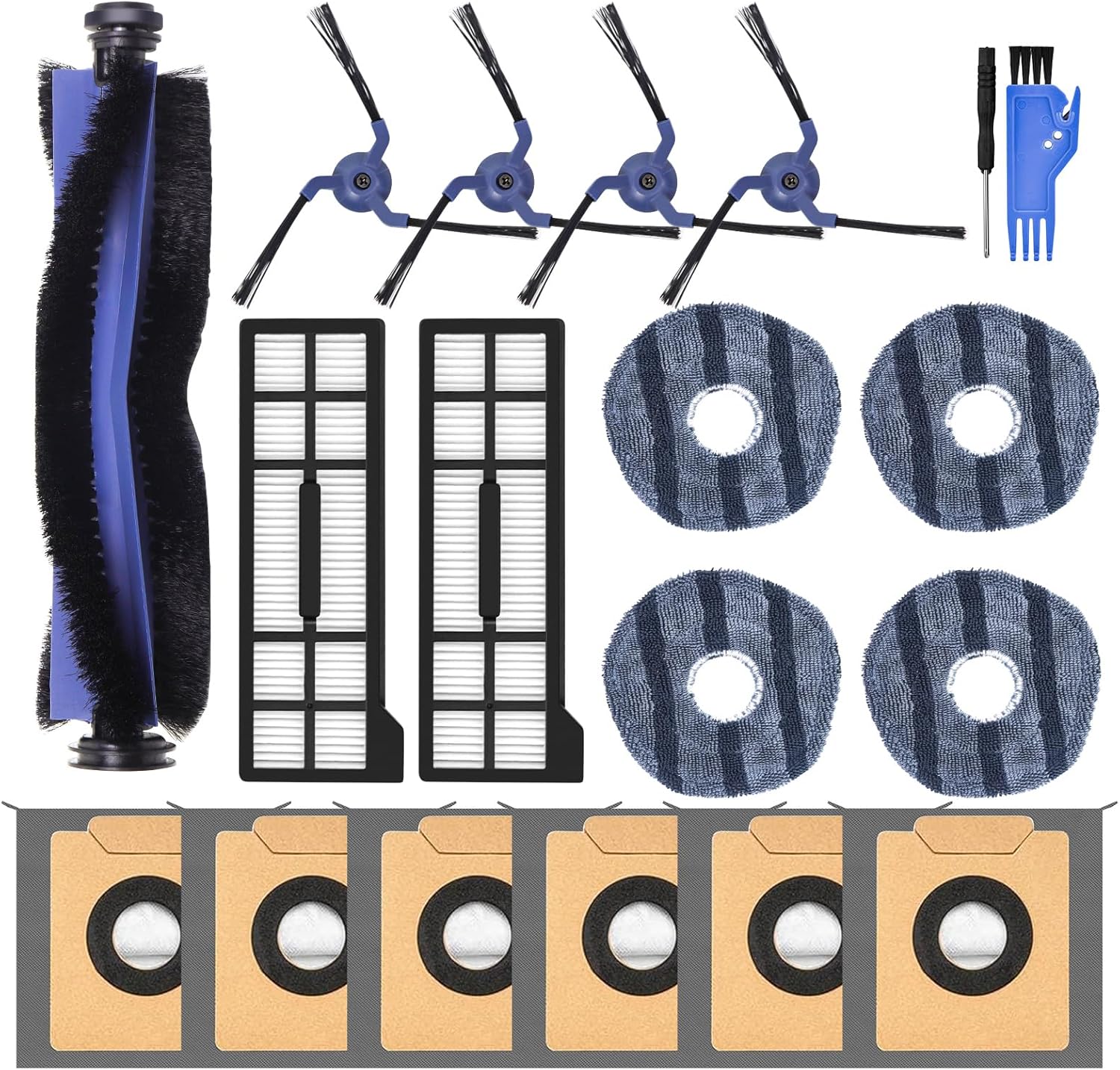 21 Pack Omni C20 Accessories Kit Replacement Compatible with Eufy Omni C20 Robot Vacuum Cleaner, 1 Main Roller Brush,4 Hepa Filters,4 Mop Pads,4 Side Brush,6 Dust Bags,2 Tool