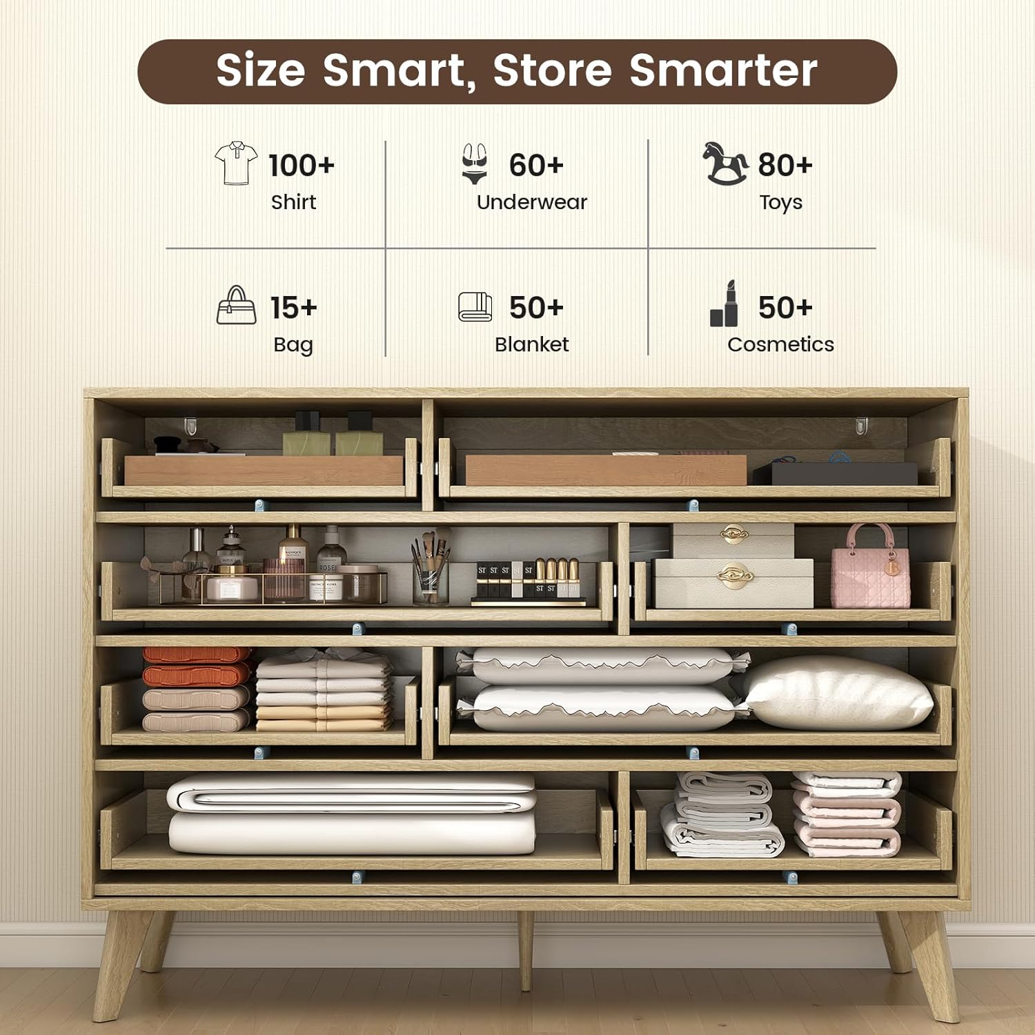 Hadulcet Wood Dressers for Bedroom 47” Wide, Large 8 Drawer Dresser TV Stand, Modern Chest of Drawers for Closet Clothes Storage Organizer with Fluted Panel, No Handles Design, Natural Oak
