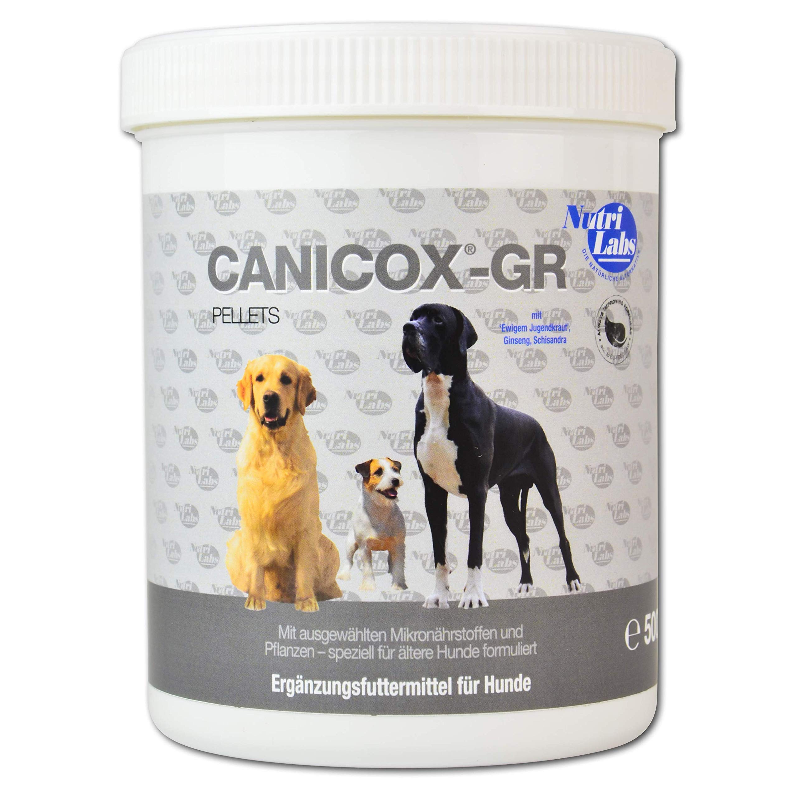 NutriLabs Canicox®-GR integratore Alimentare per Cani Anziani 500 g – Pellet per Cani Anziani con MSM, condroitina, glucosamina, Ginseng, biancospino ECC. – Prodotti Sanitari per Cani